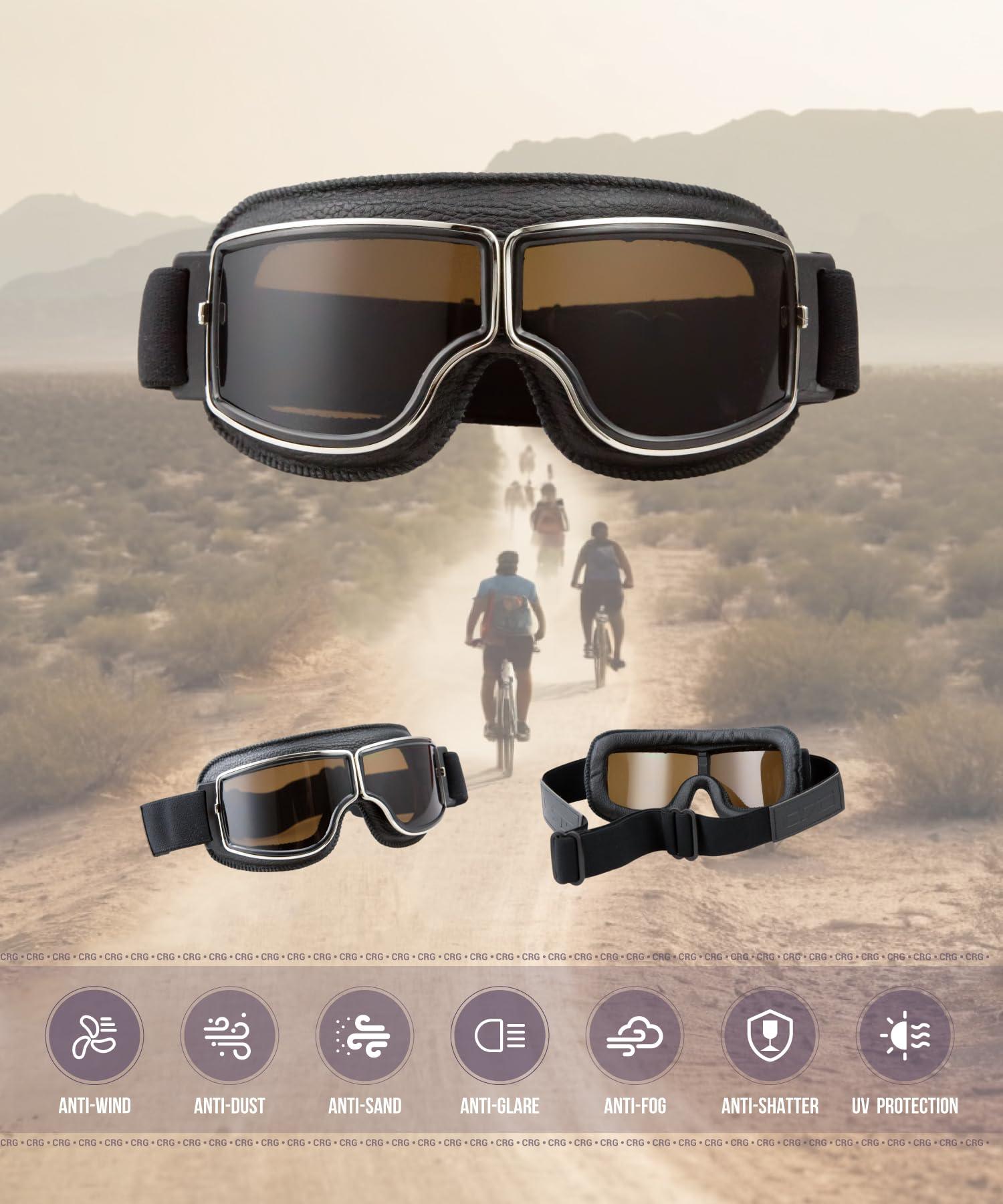 CRG Sports CRG Sports Motorcycle Goggles Vintage Aviator Pilot Style Leather Cruiser Scooter Motocross Goggles for Men, Women,Adults
