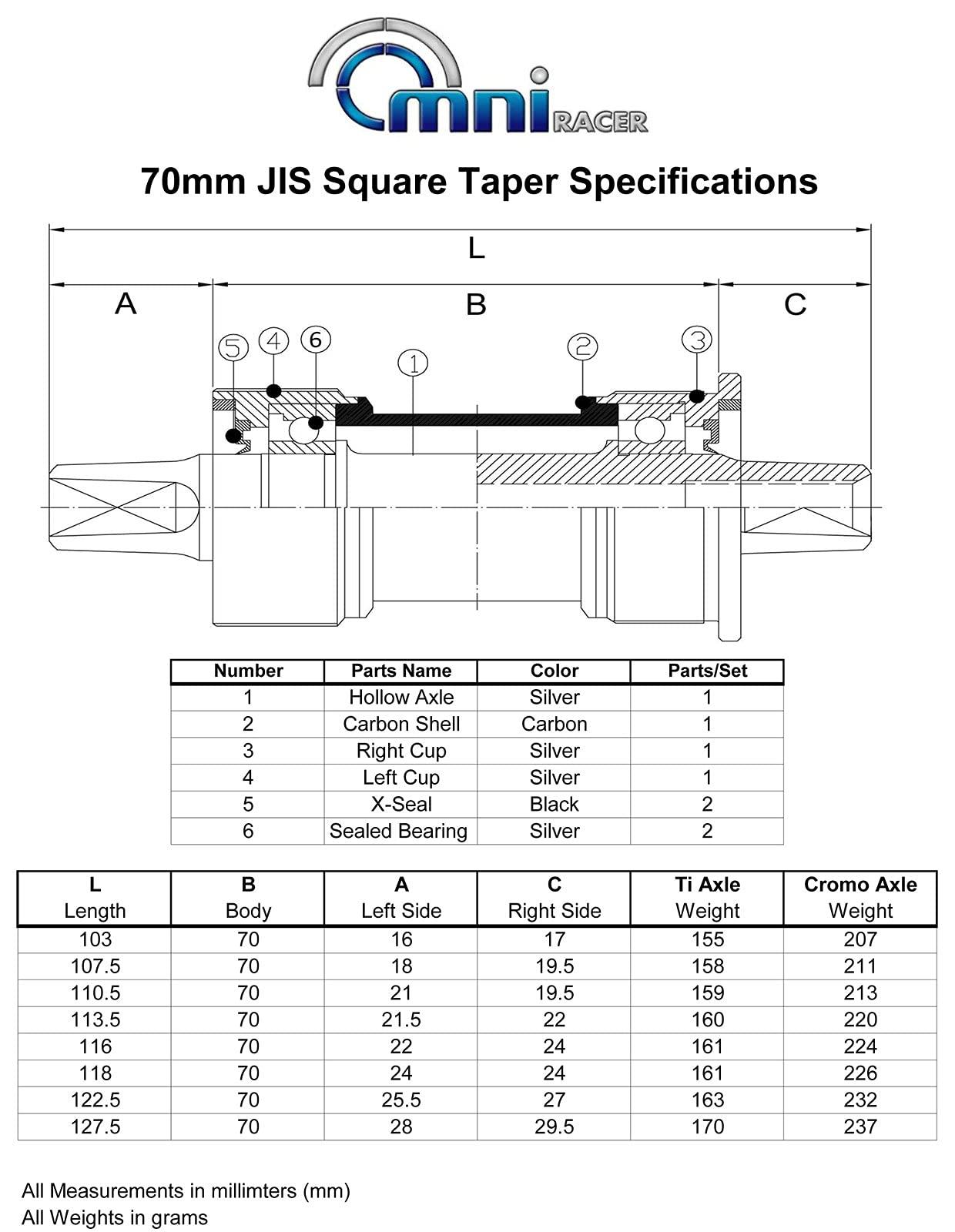 OMNI Racer OMNI Racer Worlds Lightest Titanium JIS Square Taper Bottom Bracket- Italian (Italian 70x116mm)