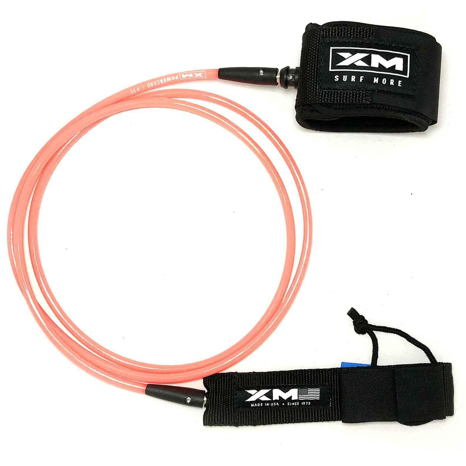XM SURF MORE XM SURF MORE Premium Surfboard Leash, 7ft, Made in USA, Regular Cord Thickness (.270in), Key Pocket, Unbreakable Swivels, Detachable Railsaver, Coral Leash, Black Strap, Kink-Free [3 Year Warranty]