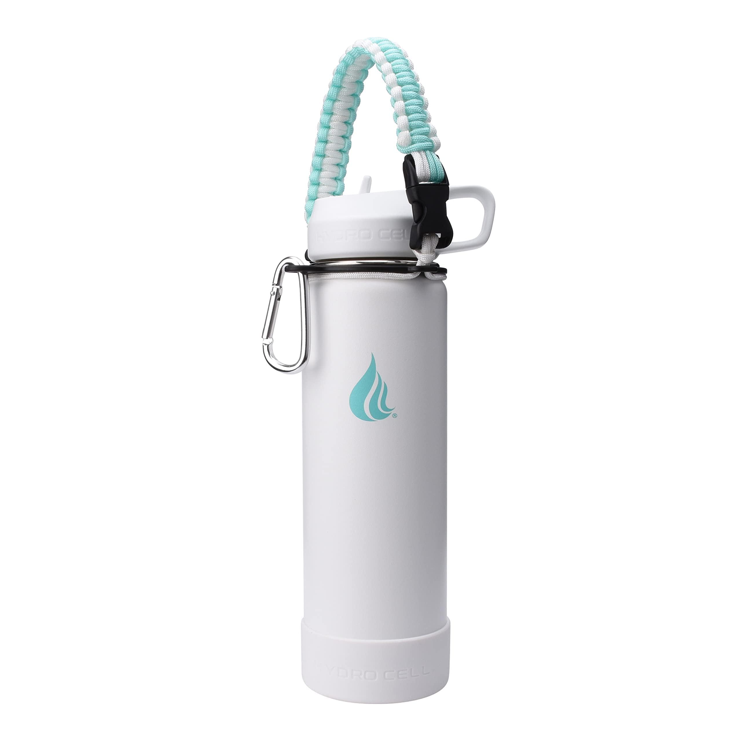HYDRO CELL HYDRO CELL Stainless Steel Water Bottle w/Straw & Wide Mouth Lids (White 24oz with White Protective Silicone Bottom Boot, Teal/White Paracord Handle and White Sports Cap w/Straw)
