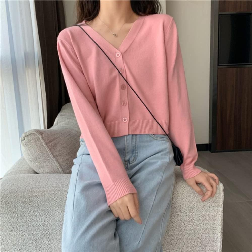 MIYAA MIYAA Womens Knit Cropped Cardigan Sweater Solid Color Knit Outwear Long Sleeve V-Neck Open Front Button Down Cardigan Lady L