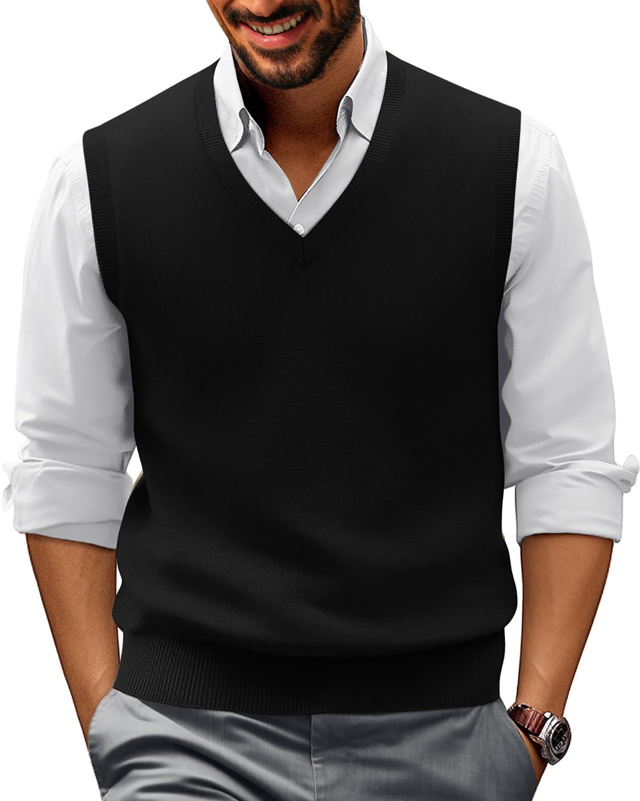 PJ PAUL JONES PJ PAUL JONES Men V Neck Sweater Vests Basic Slim Fit Solid Plain Sleeveless Pullover Sweater Vest Black 3XL