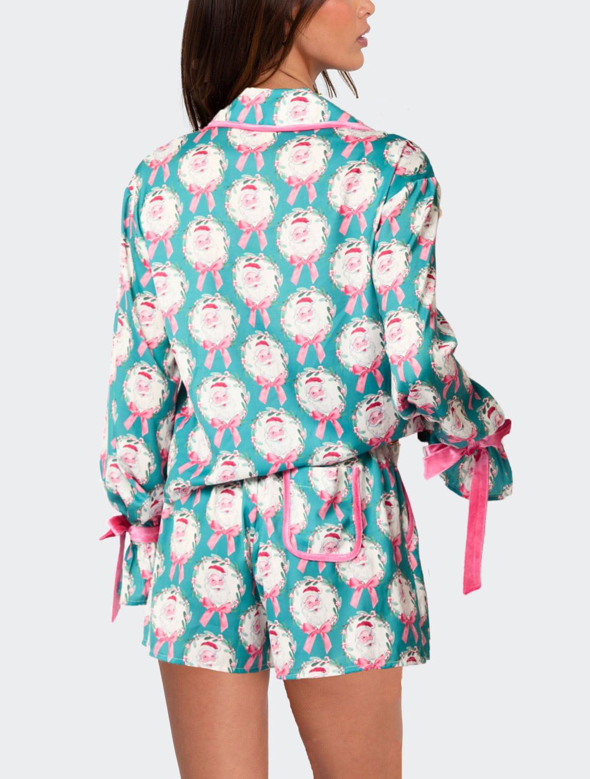 Yiulangde Yiulangde Women Christmas Santa Pajamas Silk Satin 2 Piece Bow Tie Xmas Pjs Long Sleeve Button Shirt Lounge Boxer Shorts Sets