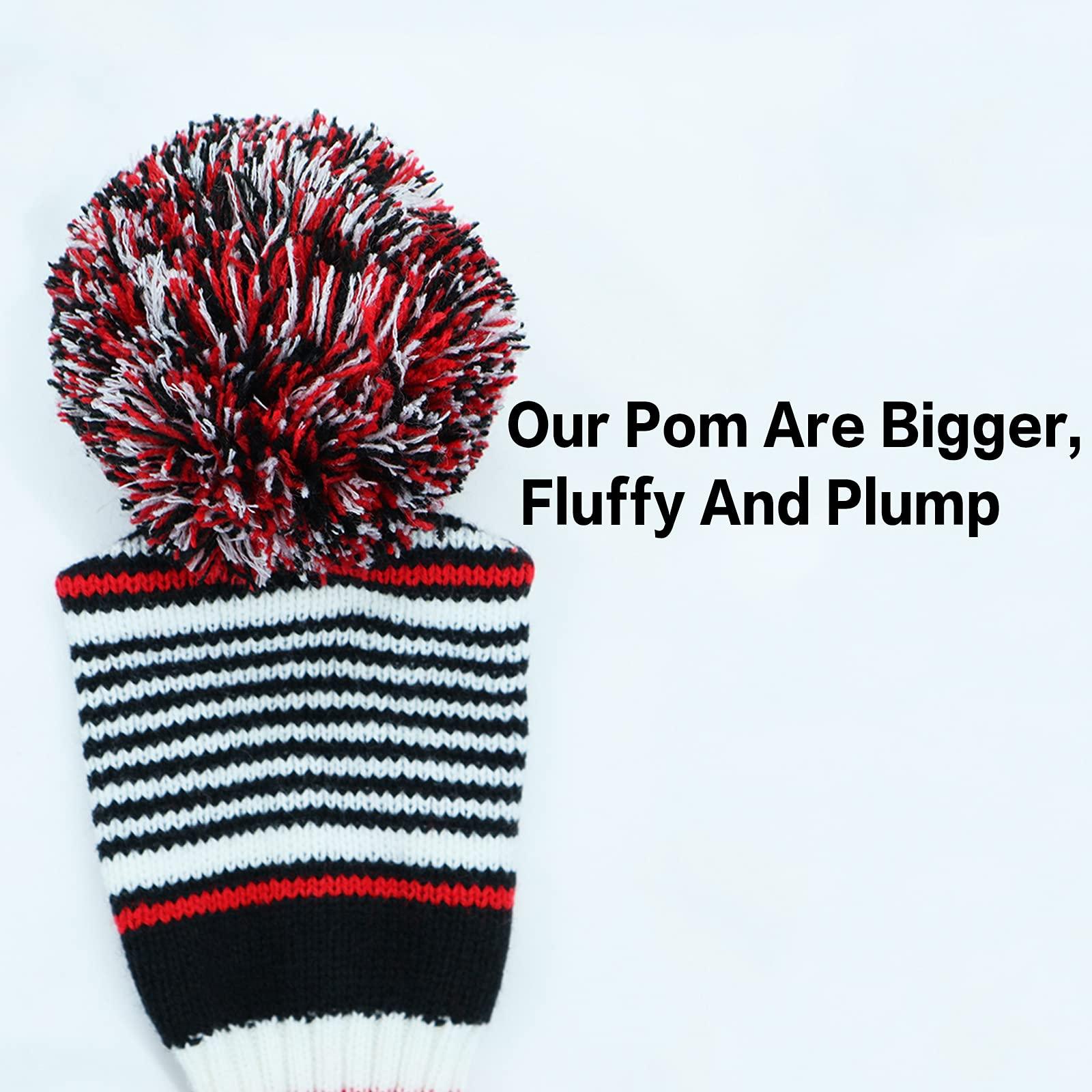 Amy Sport Golf Head Covers Knitted Woods Driver Fairway Hybrid Pom Pom Cover Washable Soft Kint Headcover 1 3 5 for Men Women Kids Sold in Separate (White&Black&Red Stripes, #1 Driver)