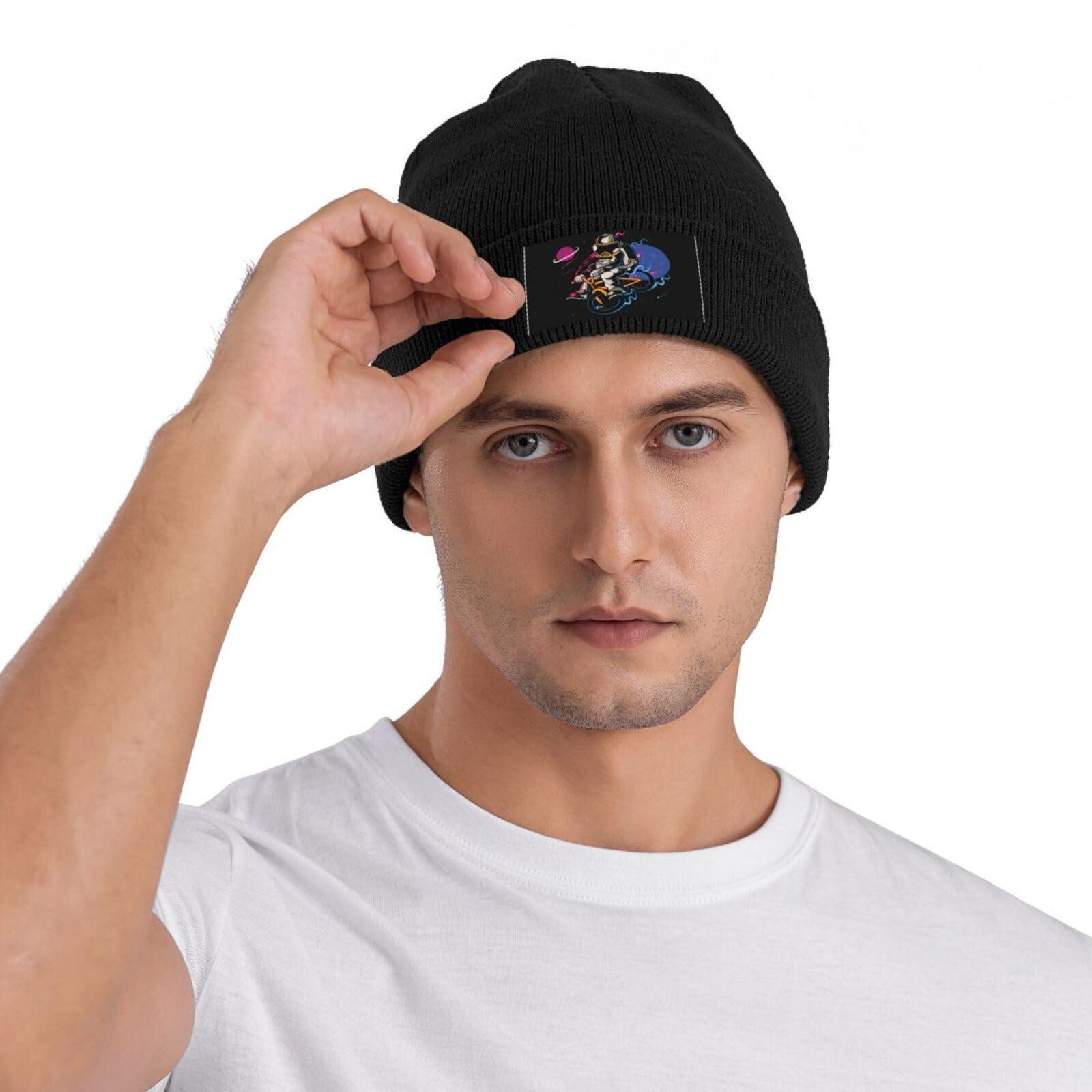 QIZYOQA Astronaut Riding A Bicycle On The Moon Beanie Hat for Men Women Winter Warm Knit Cuffed Skull Cap Black