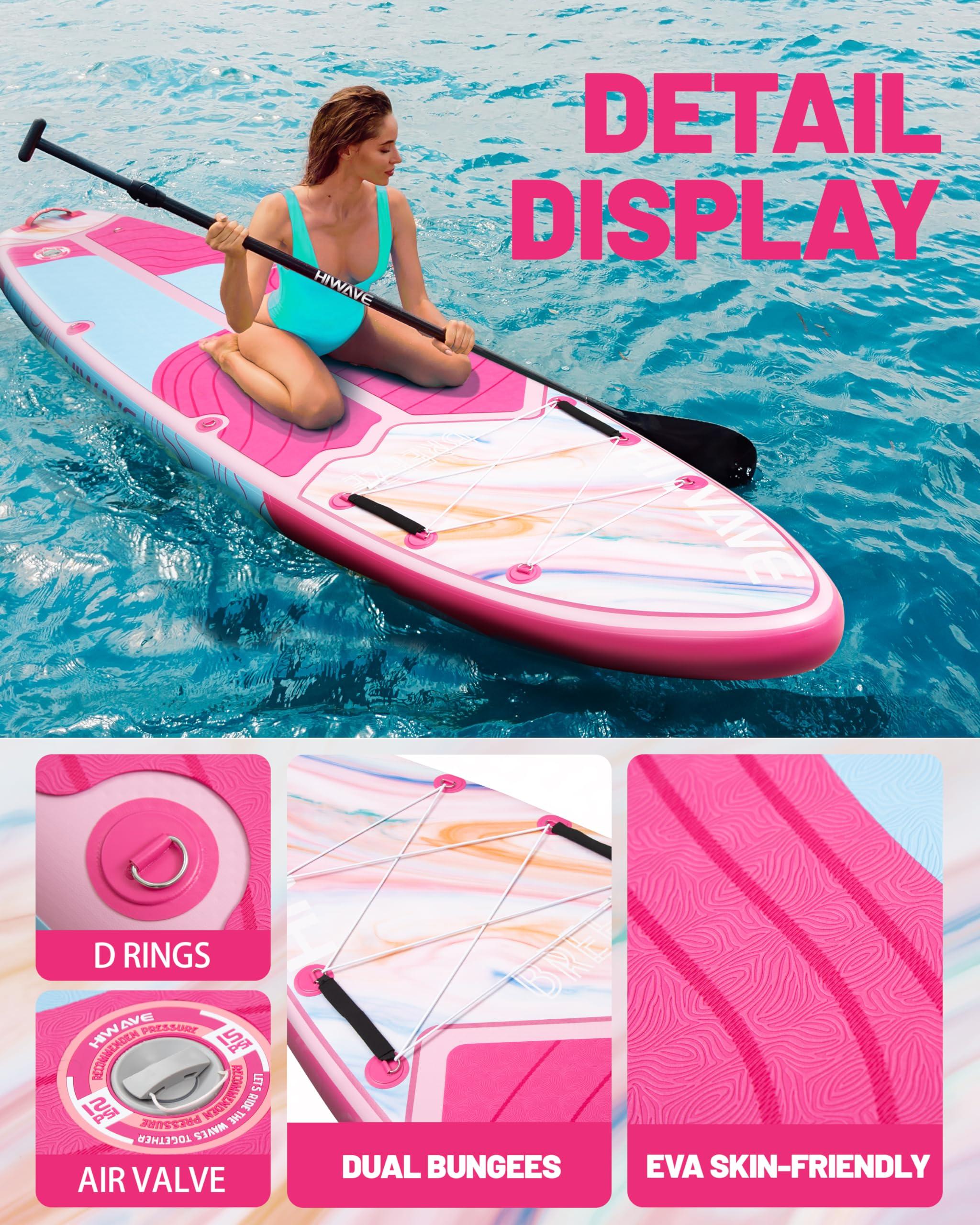 Hiwave Hiwave Inflatable Stand Up Paddle Board 11*34*6 Sup Board, 350lbs Capicity Adult&Youth Paddle Board, Pet Friendly for Ocean&Lake, w/Double Action Hand Pump Pink