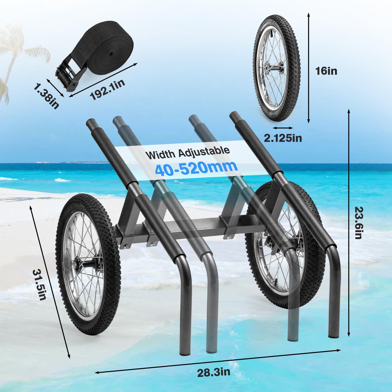Morohope Morohope Kayak Beach Cart, Width Adjustable 5.5\"-20.4\" Universal Canoe Dolly Heavy Duty Kayak Trolley with 16\" Wheels, Sturdy 300 LBS Weight Capacity