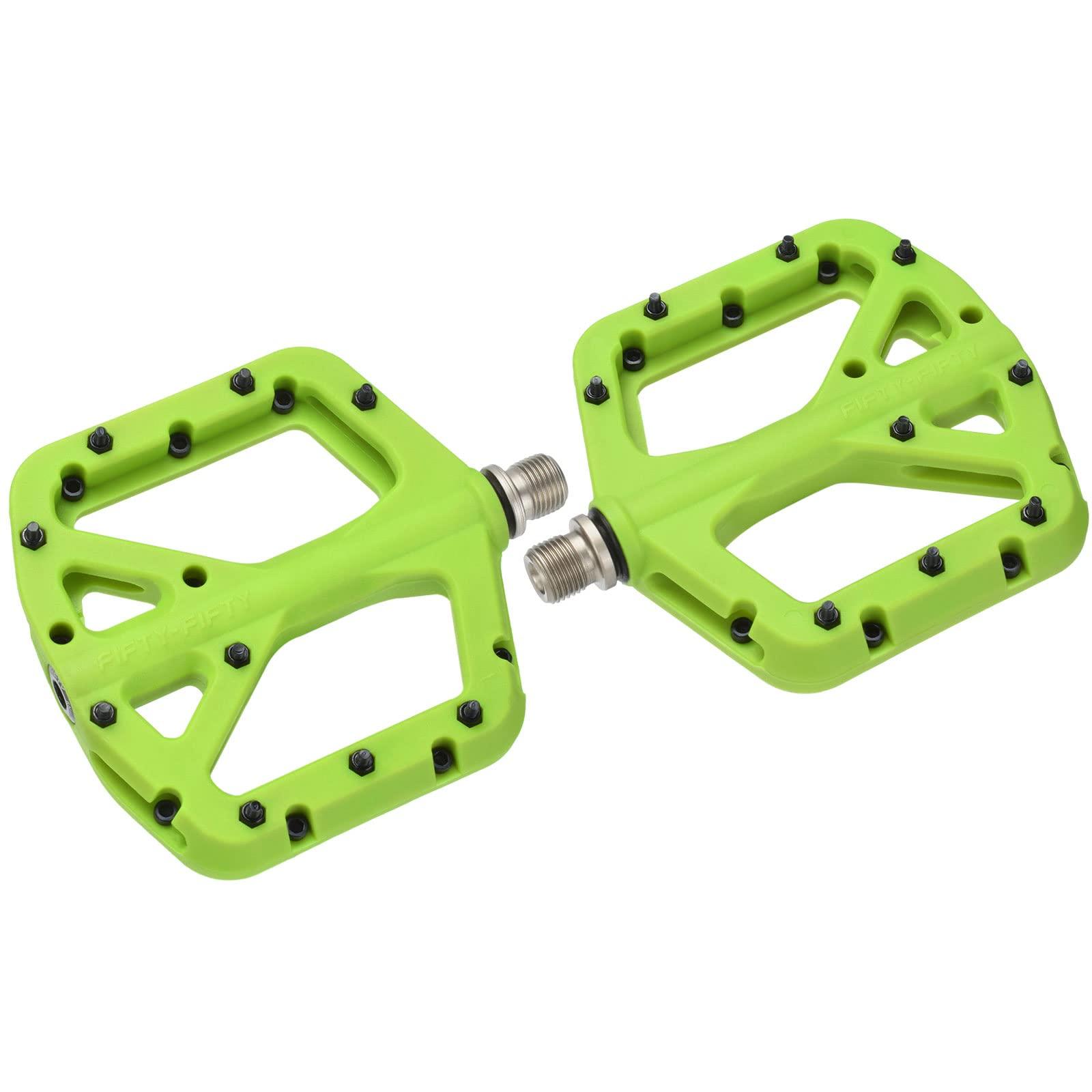 FIFTY-FIFTY FIFTY-FIFTY Mountain Bike Pedals, Non-Slip MTB Nylon Composite, 9/16" Bicycle Pedals, Lightweight and Wide Flat Platform (Green)