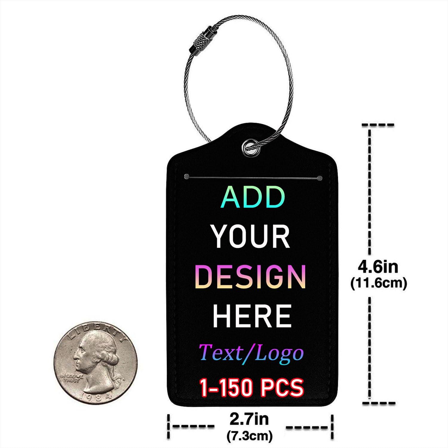 Pzwqkyn Custom Luggage Tag Personalized Your Own Text, Image, Photo, Logo Customized Travel Suitcases Labels Tags with Full Privacy Card and Stainless Steel Loop, 1 PCS PU Leather Baggage Tags, Black