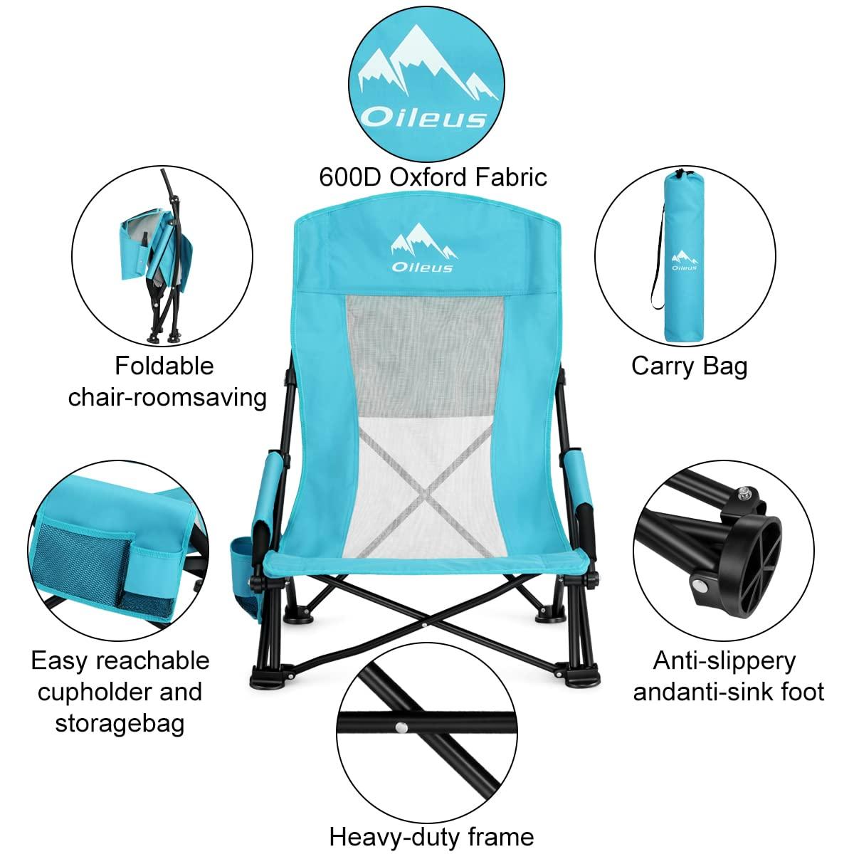 Oileus Oileus Folding Portable Beach Chair High Back 1 Pcs and X-Large 4 Person Beach Tent Sun Shelter Blue