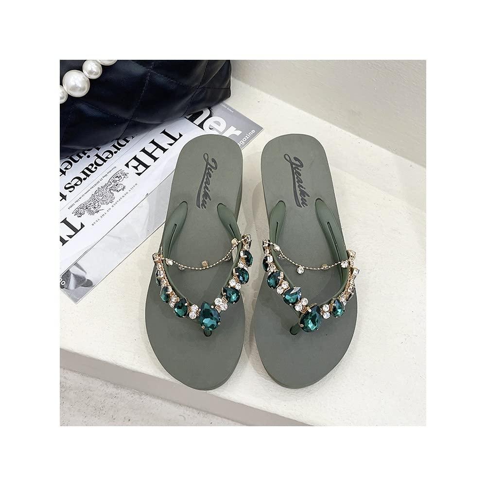 DYJAGYO DYJAGYO Women's Rhinestone Chain Platform Wedge Flip Flop Sandals,Women's Rhinestone Flip Flops,Fashion Flip Flop Sandals for Parties and Weddings (Green,38)