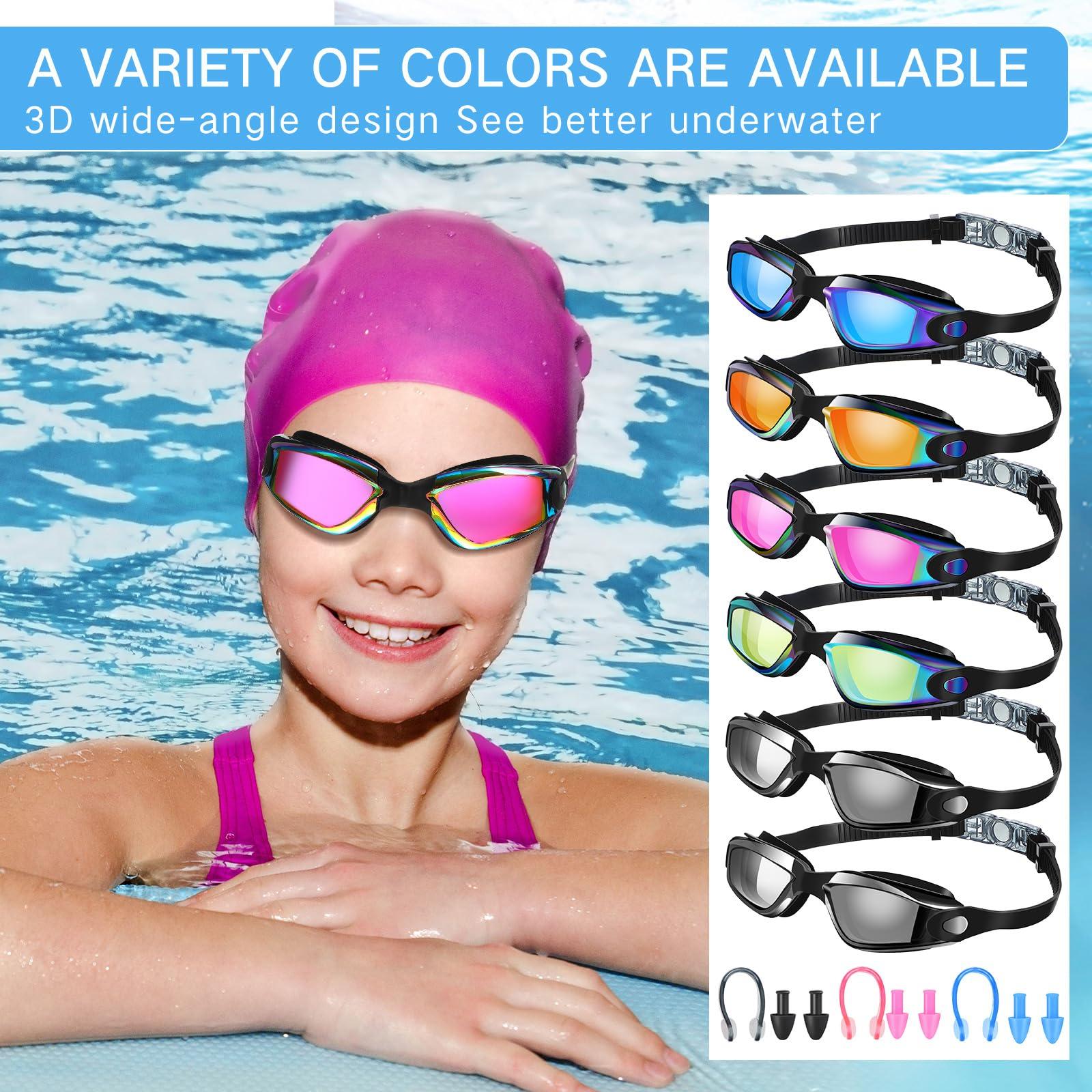 Flutesan Flutesan 6 Pack Swimming Goggles Adult Kids Anti Fog Pool Goggles with Ear Plugs Nose Clip No Leaking Full Protection(Multi Color,6.3 x 1.8 Inches)