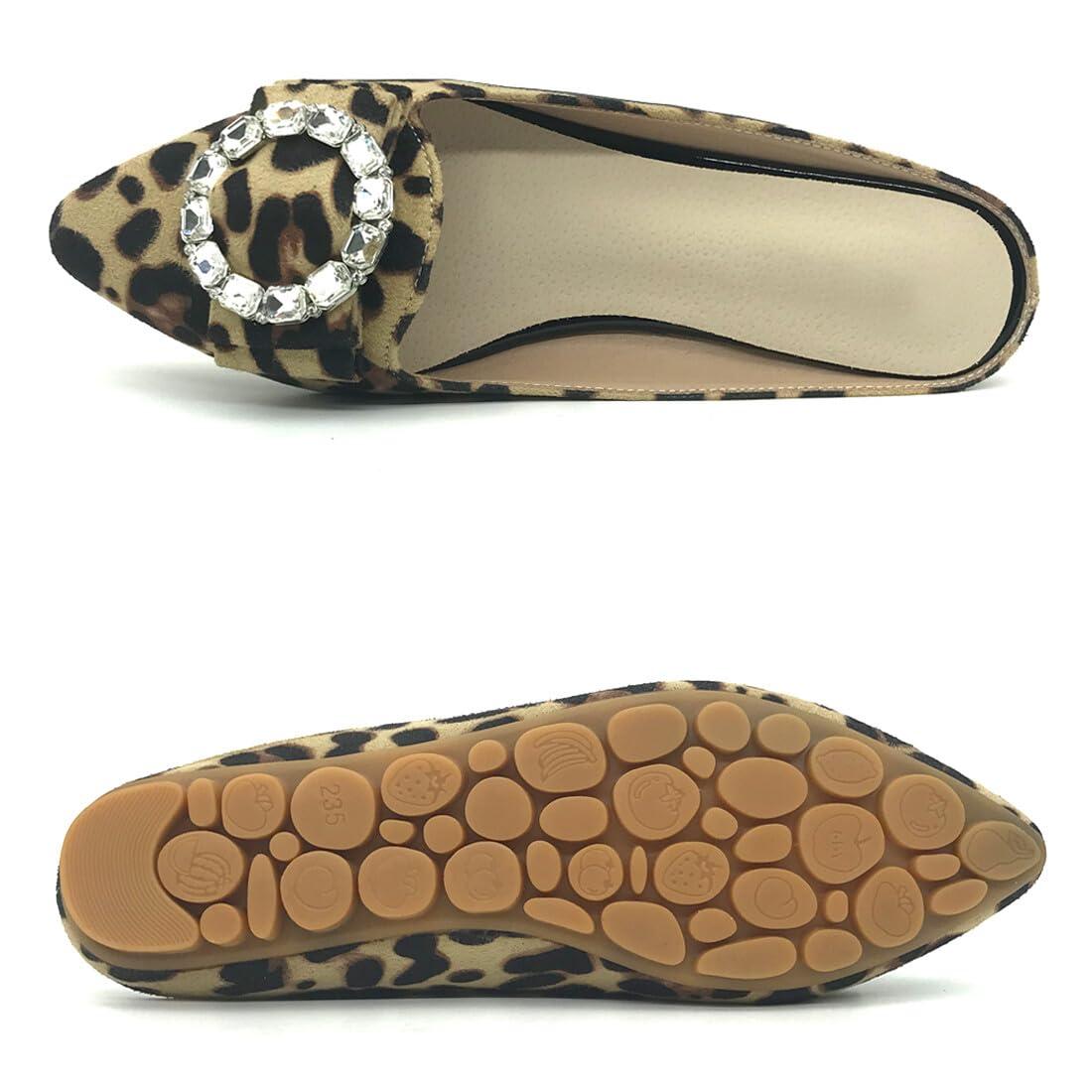 Starella Rhinestone Mules for Women Flats Shoes Slip On Backless Loafer Pointed Toe Dress Mule Slides Velvet Leopard EU43/US10