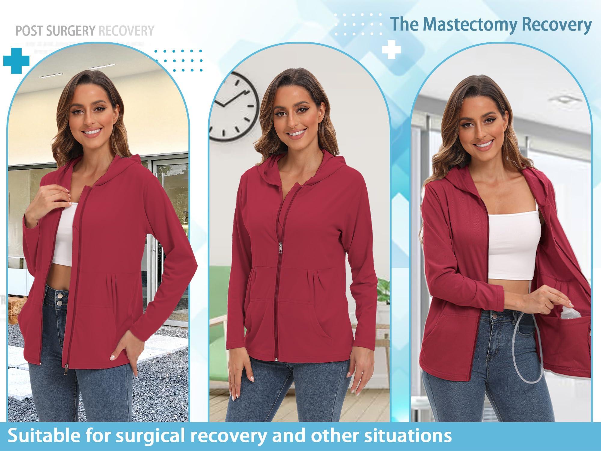 EVERWORTH EVERWORTH Post Mastectomy Shirts with Drain Pockets Breast Mastectomy Recovery Must Haves Soft Long Sleeve Zip Up Shirts Clothing Red M