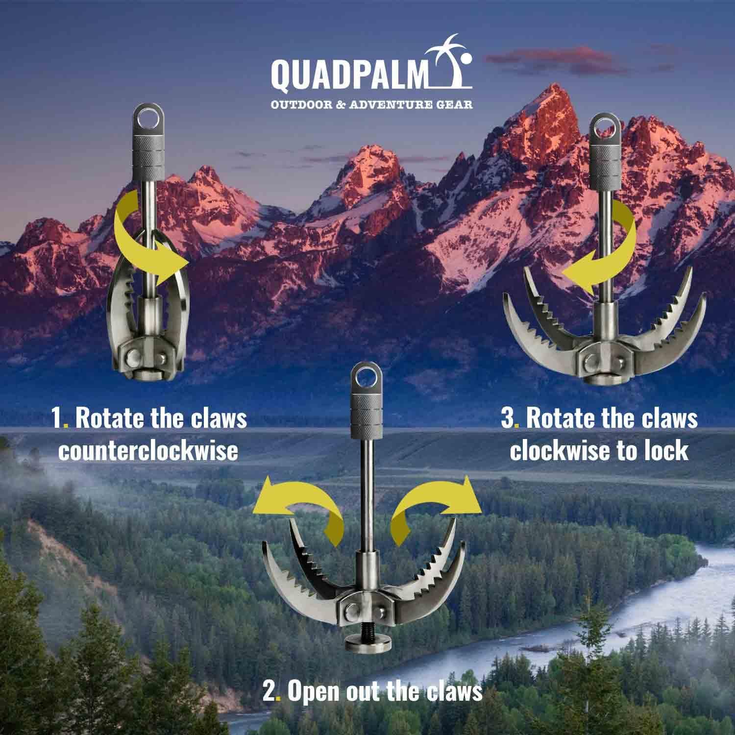 QUADPALM QUADPALM Grappling Hook and Blue Rope 10M (32ft) - Multifunctional Heavy Duty Survival Hook - 2 Locking Carabiner - 4 Stainless Steel Folding Claws - Survival Gear - Outdoors Camping Hiking Gear