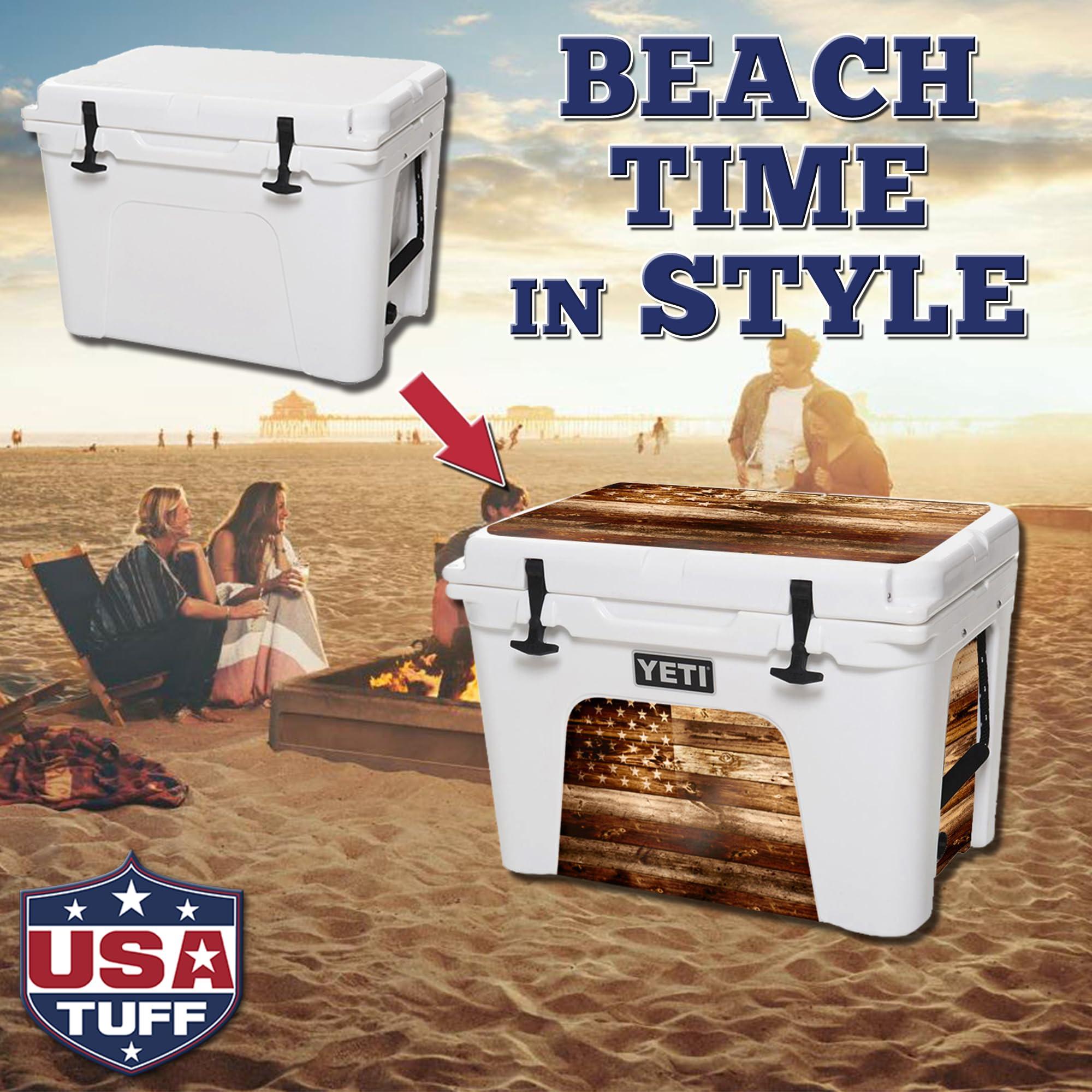 USATuff USATuff Vinyl Cooler Lid & Insert Kit Compatible with YETI 35 qt Tundra | Easy Peel & Stick Application Cooler Skin Decal Wrap | Durable Pre-Cut Pieces | Made for Outdoor Use - USA Flag Woodgrain