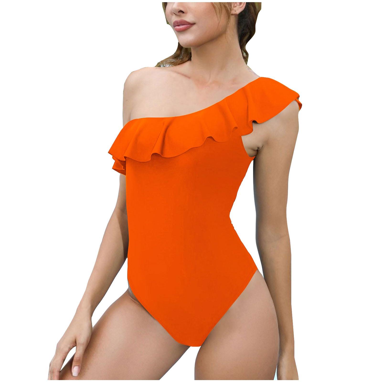 NineFit Basics Swim Suits for Women 2024 One Piece Swimsuit for Women 2024 Black Athletic Ruffle One Shoulder Bodysuit Sexy Slim Fit Tummy Control Swimwear