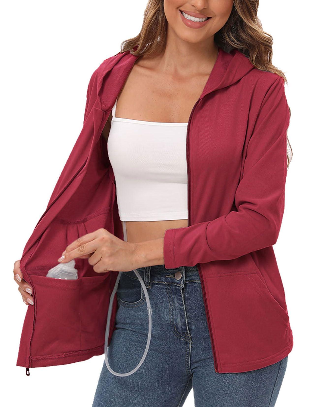 EVERWORTH EVERWORTH Post Mastectomy Shirts with Drain Pockets Breast Mastectomy Recovery Must Haves Soft Long Sleeve Zip Up Shirts Clothing Red M