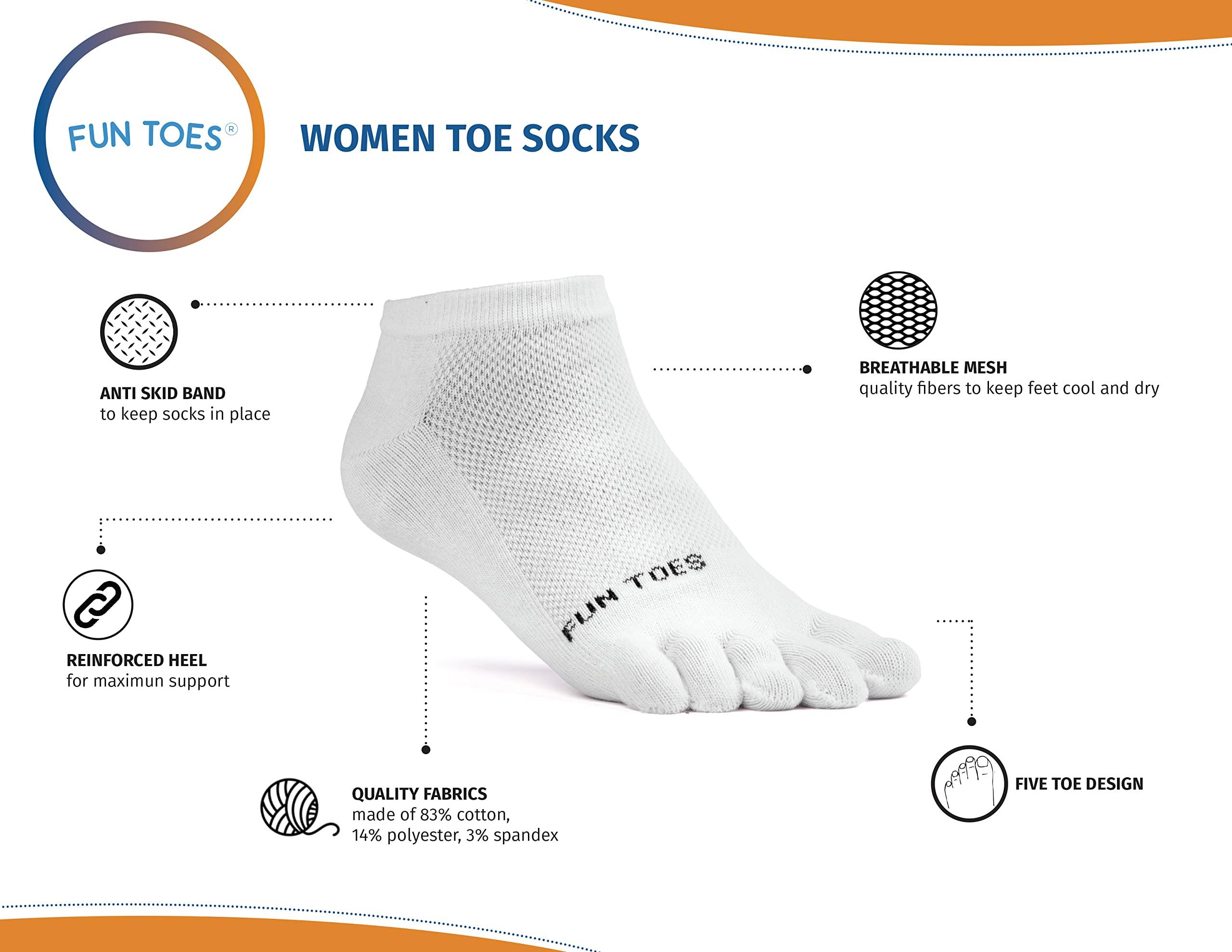 FUN TOES FUN TOES Women's Cotton Toe Socks-Breathable-6 PAIRS Pack-Size 9-11-Lightweight (3 Black/ 3 White)