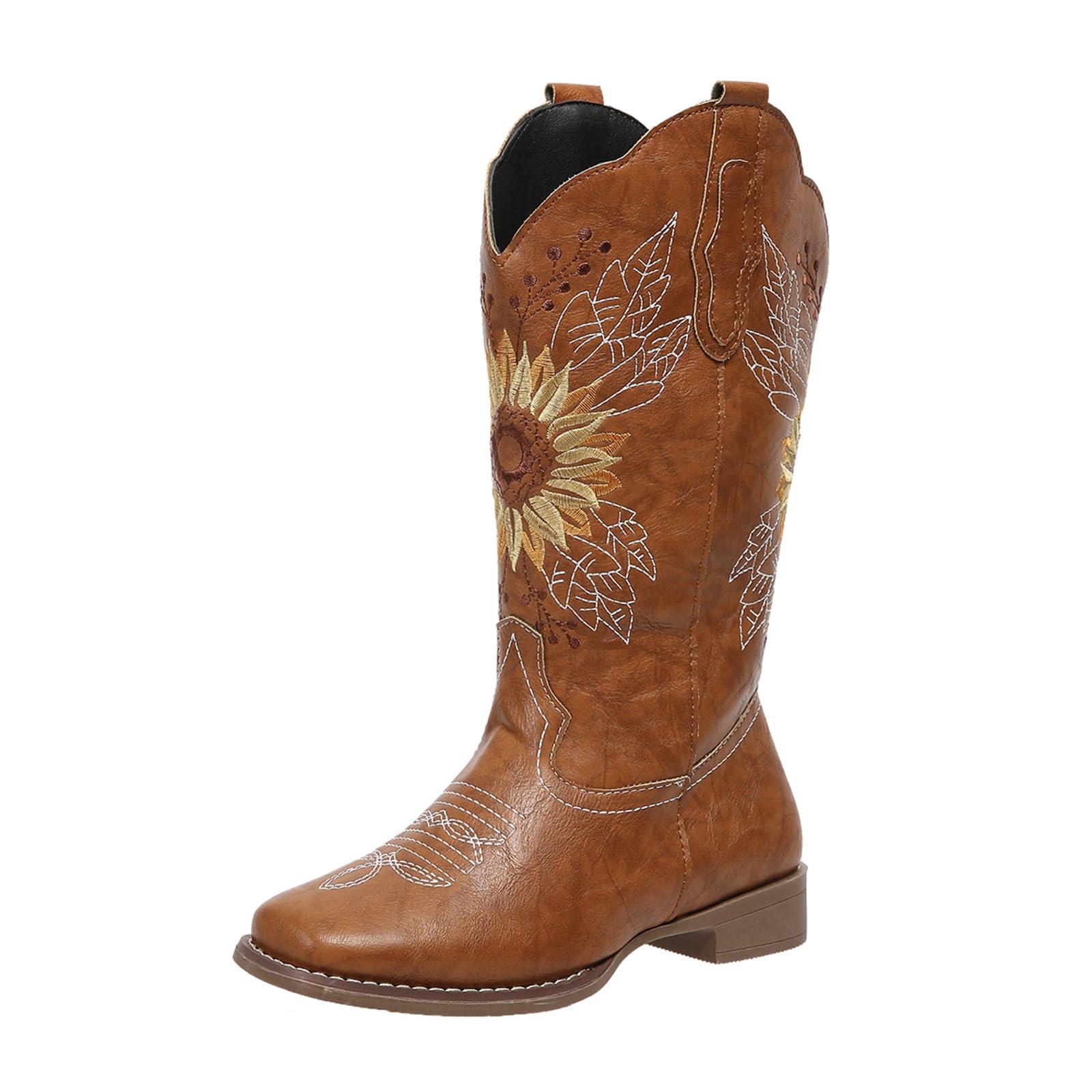 ZBYY ZBYY Womens Embroidered Sunflower Cowboy Cowgirl Boots Retro Square Toe Western Boots Chunky Heels Mid Calf Boots