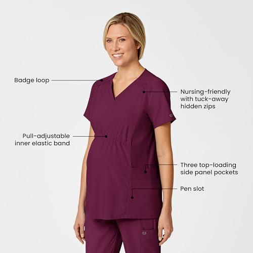 WonderWink Wink Scrubs for Women, W123, Maternity V-Neck Tops with 5 Pockets, Wine, L
