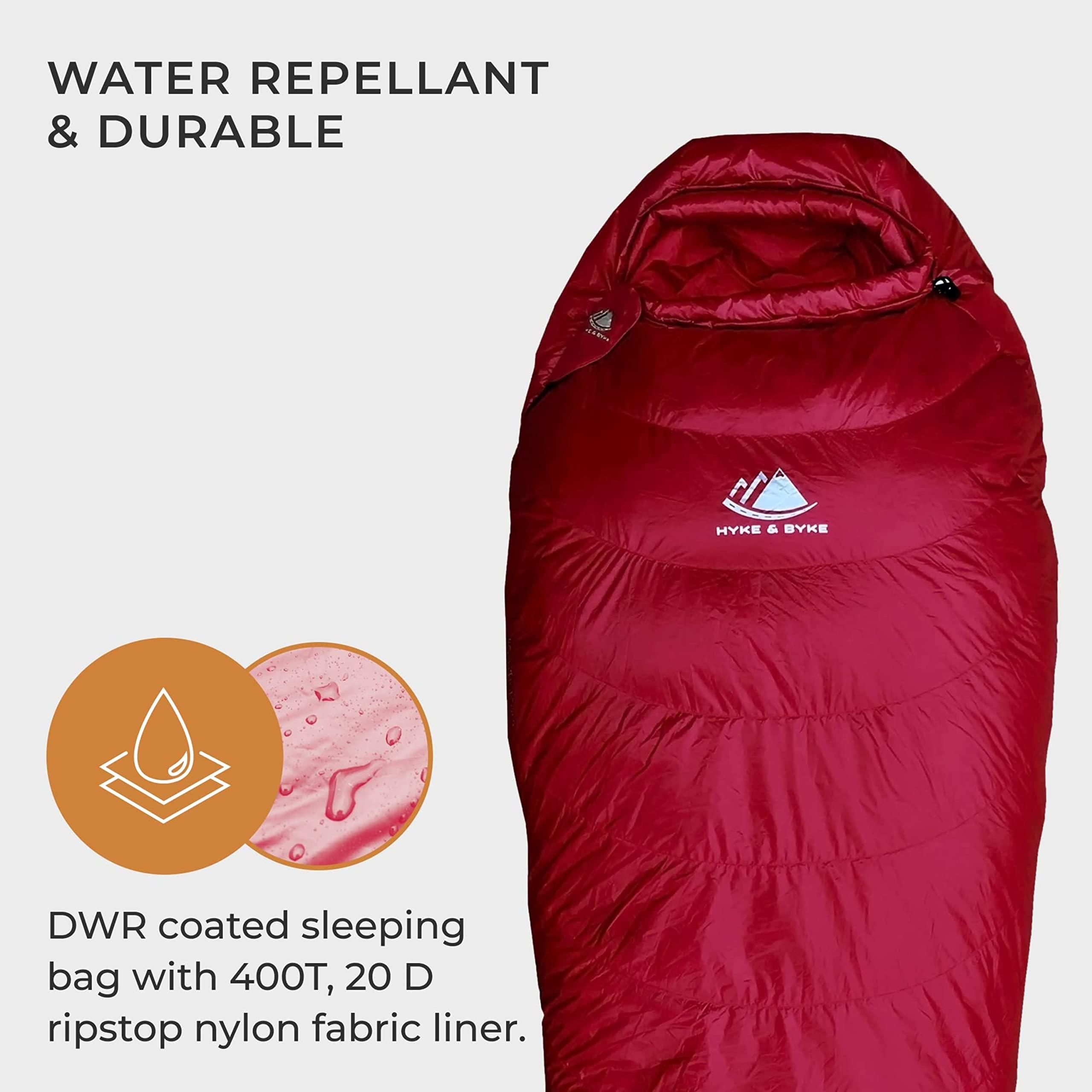 Hyke & Byke Hyke & Byke Snowmass 0F Cold Weather Mummy Hiking & Backpacking Sleeping Bag - Duck Down 650 FP 4 Season Sleeping Bags for Adults - Ultralight with Compression Stuff Sack (Maroon, Short)