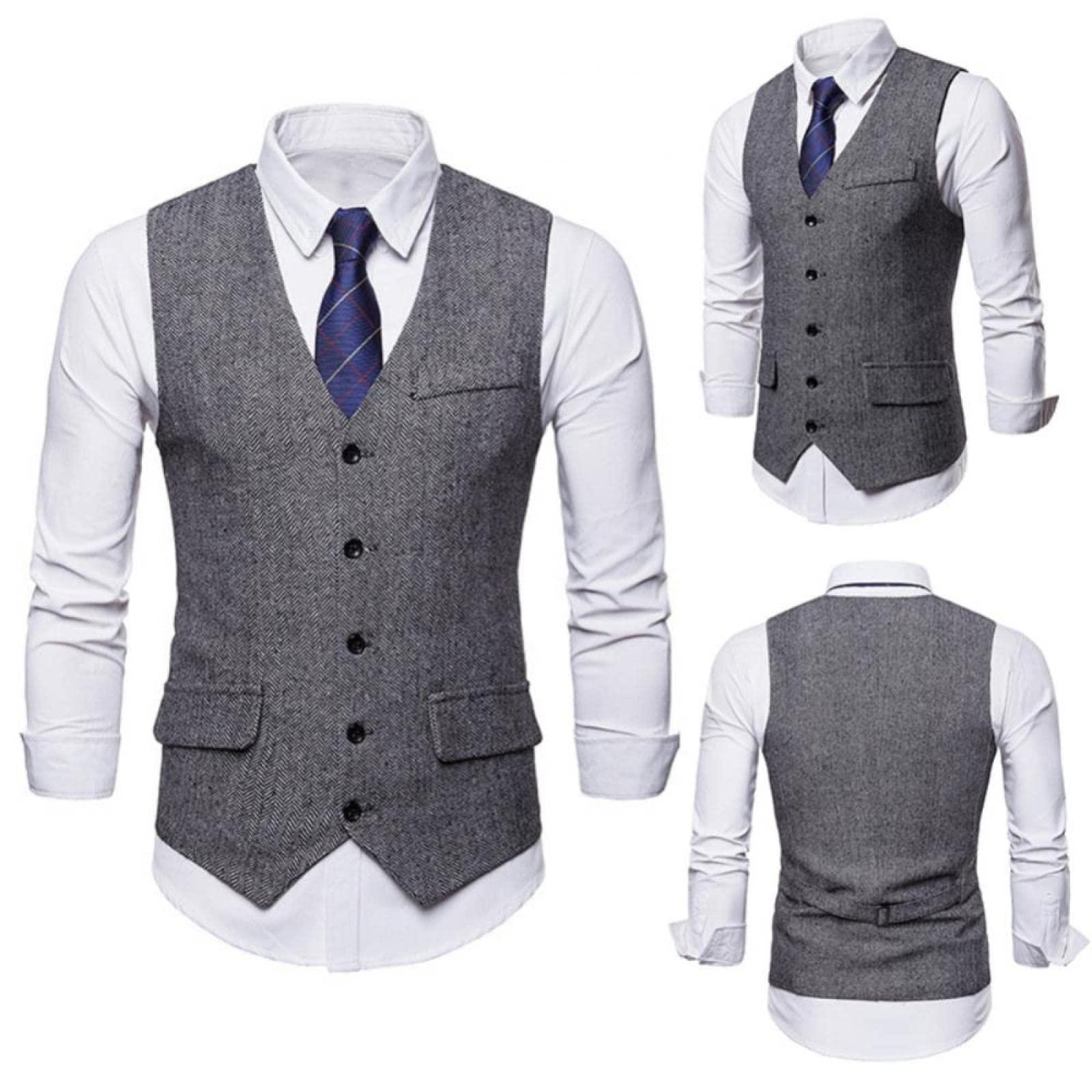 SHACE Men's Suit Vest - Men Autumn Sleeveless V Neck Lightweight Pockets Casual Single Breasted Herringbone Business Wedding Party Suit Waistcoat,Grey,M