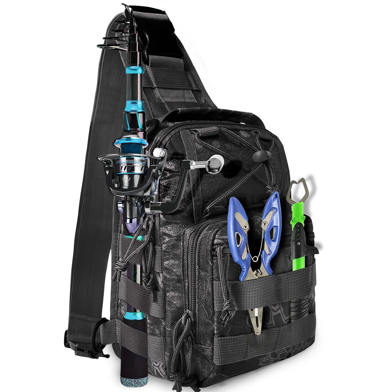 Bnqoe Fishing Backpack Fishing Tackle Storage Bag Fishing Gear with Rod Holder Small Sling Backpack for Outdoor Fish,Hiking,Travel,Hunting (E-Camouflage Black)