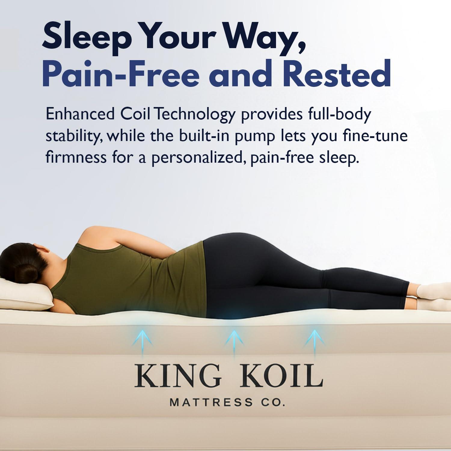 King Koil King Koil Luxury California King Air Mattress with Built-in Pump for Home, Camping & Guests - 20 King Size Inflatable Airbed Luxury Double High Adjustable Blow Up Mattress, Durable Waterproof