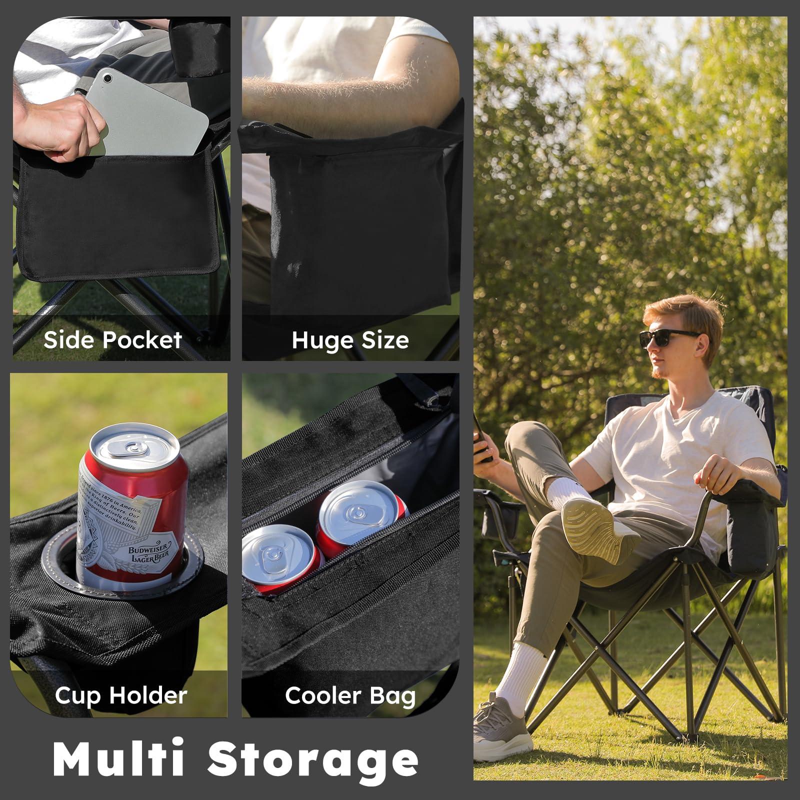 Colegence Colegence Oversized Folding Camping Chairs - 450 LBS Support Heavy Duty Camp Chair with Padded Cushion, Portable Outside Chairs with Carry BagCooler, Cup Holder for Outdoor, Lawn, Sports - Black