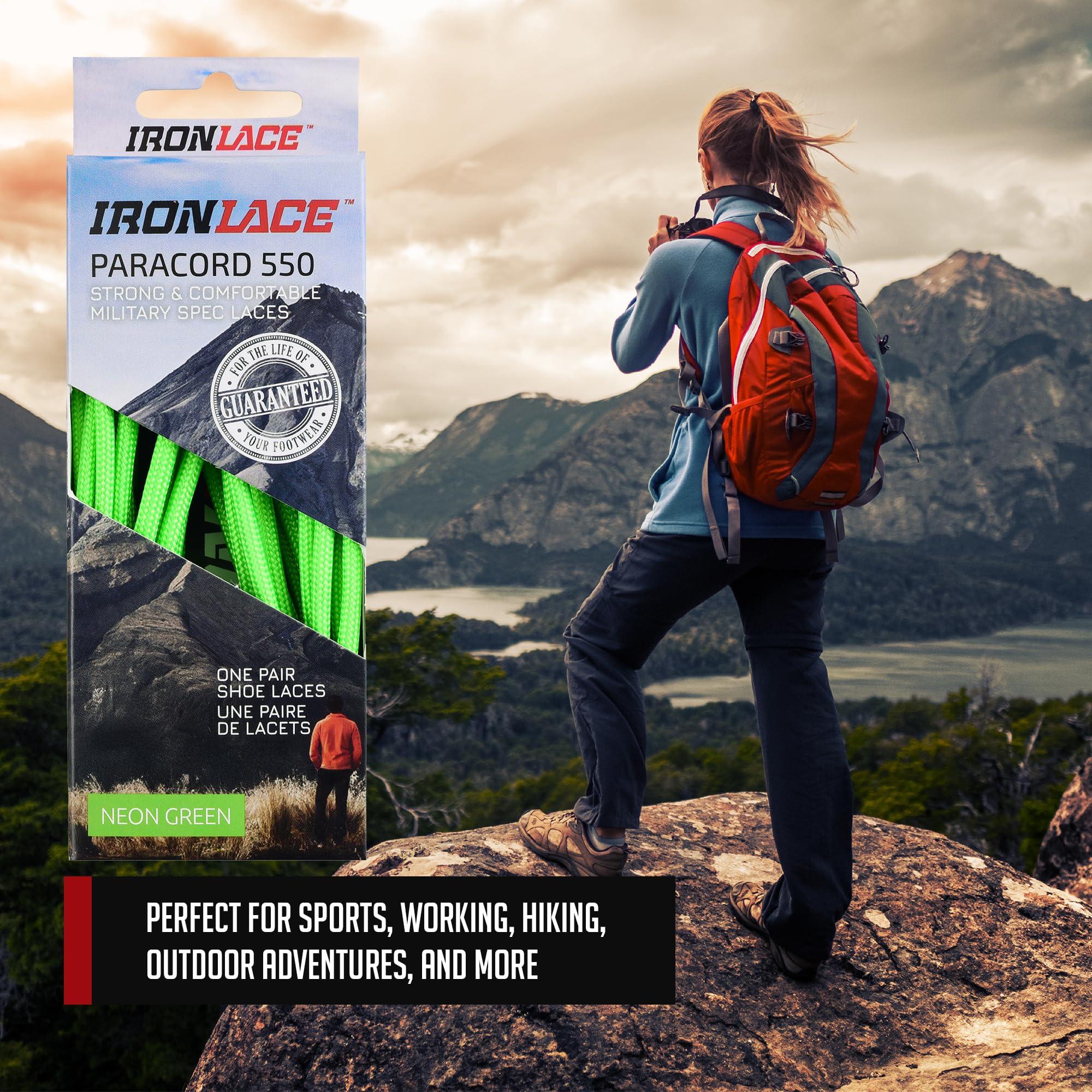 IRONLACE IRONLACE - Paracord 550 Laces Type III, Heavy-Duty, Universal Boot & Shoe Laces, Stretchable Nylon, 550-Pound Breaking Strength, Neon Green, 9/64 Inch (3.5mm) Tip Diameter, 45-Inch, 1-Pair