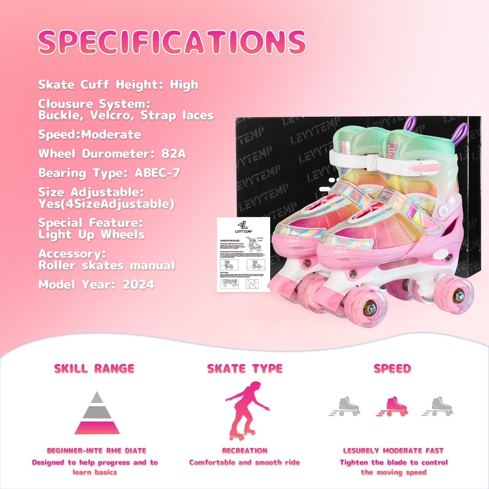 LEVYTEMP LEVYTEMP Rainbow Roller Skates for Girls Kids, Gradient Pink 4 Size Adjustable Quad Skates Size Medium Ages 6-12 with All Light Up Wheels for Kids Youth Outdoor Indoor