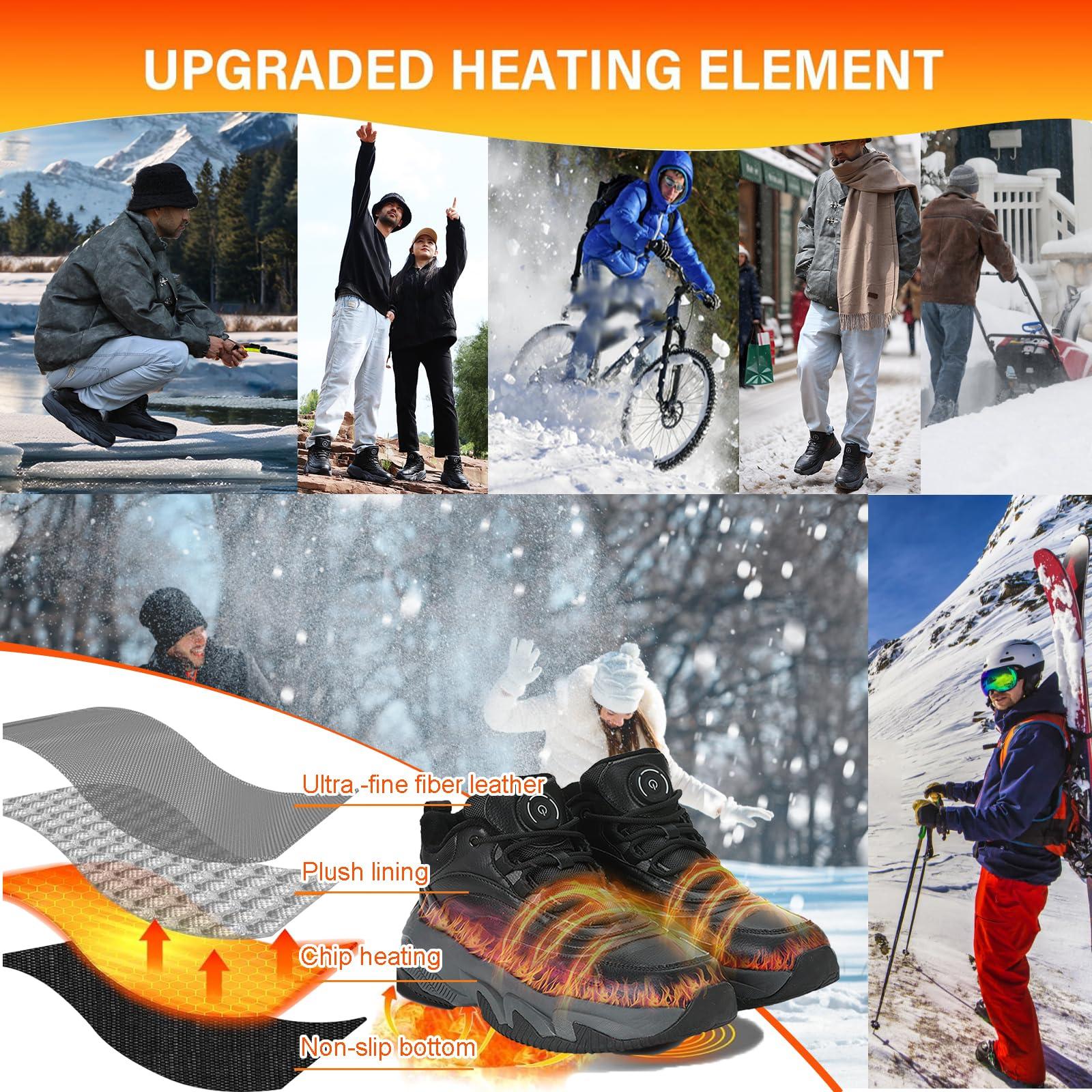 Heizung.shoes Heated Shoes for Men Rechargeable, Heating Sneakers for Women, 4000mAh Electric Self Heating Shoes Up to 20 H, Camping Foot Warmers for Outdoors Work Fishing Hunting Skiing Cycling (Black, 7)