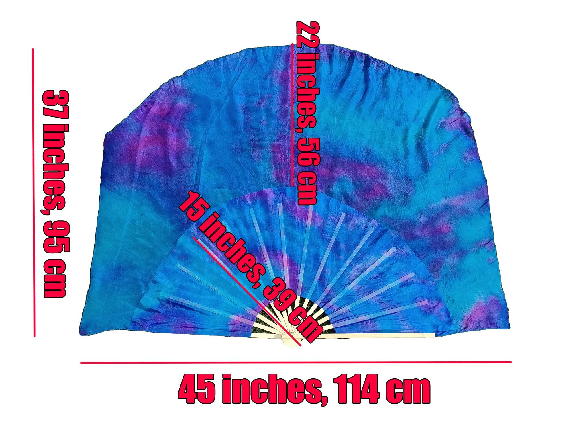 Winged Sirenny Winged Sirenny Large Single Belly Dance Silk Flutter, 45in Wide Short Silk Fan Veil Right Hand(black&blue)