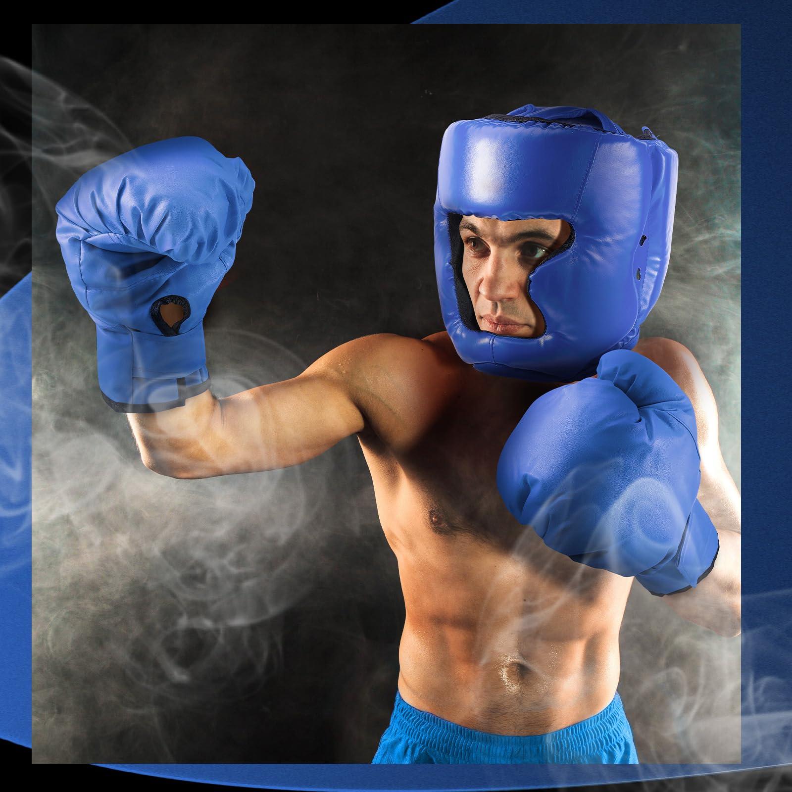 Kanayu Kanayu 14 Pcs Boxing Set Including 2 Pair of 16 oz Boxing Gloves Headgear Helmet Hand Wraps Mouth Guards Gifts for Adults Youth Beginners Training Equipment(Black, Blue)