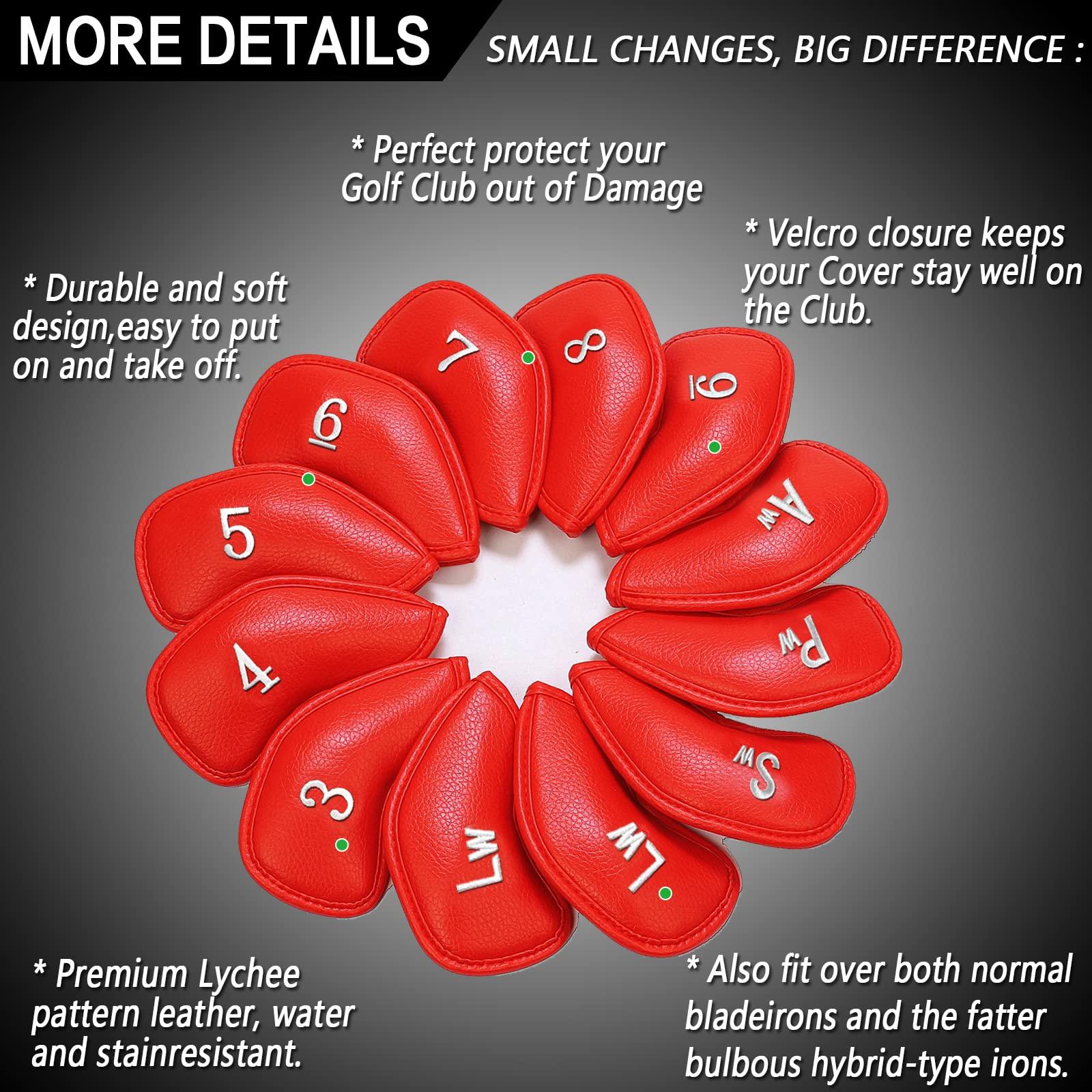 FINGER TEN FINGER TEN Golf Iron Head Covers Value 8/11/12 Piece Set, Synthetic Leather Deluxe Club Headcover, Universal Fit Main Iron Clubs Gift Set (1 Side-Red)