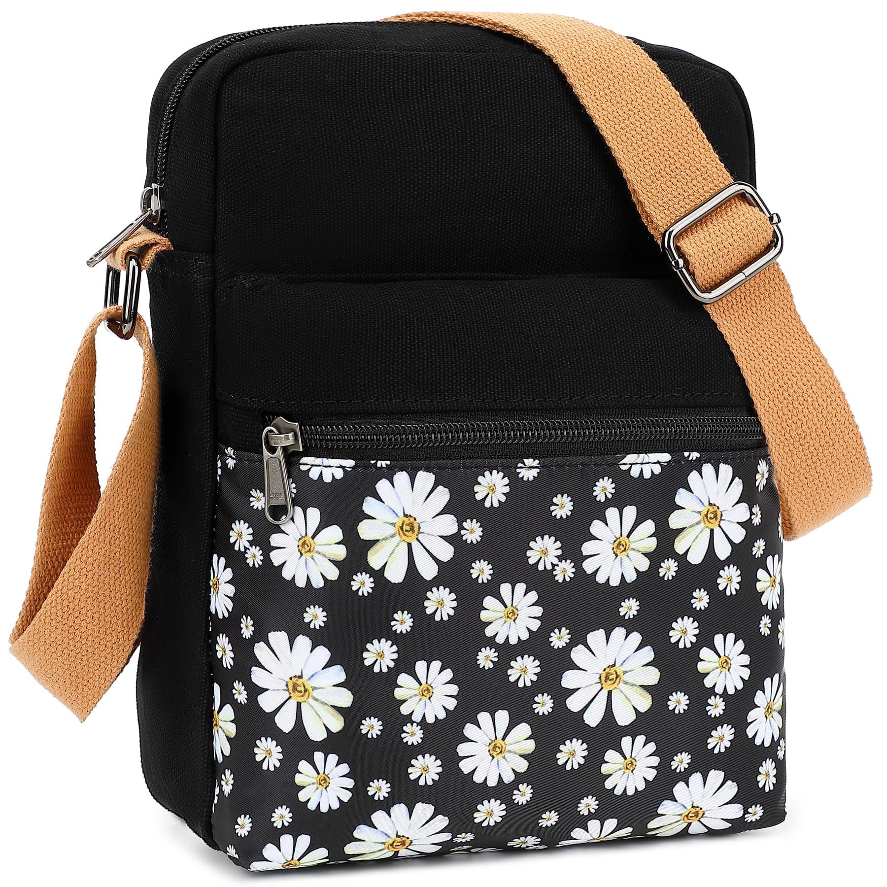 H HIKKER-LINK H HIKKER-LINK Flowers Crossbody Bag and Purse Casual Canvas Shoulder Bag for Women Messenger Bags Daisy Black