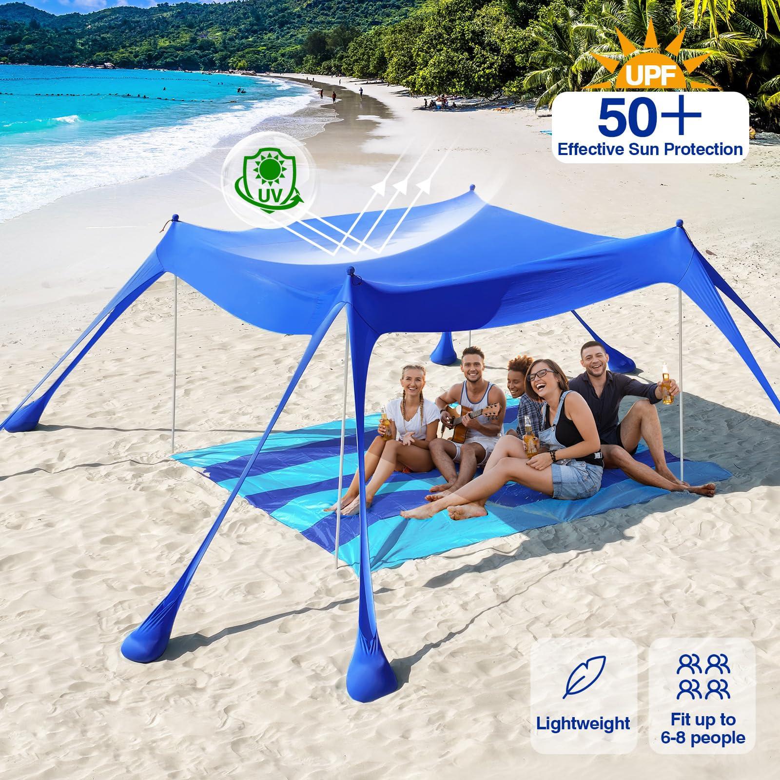 Rhino Valley Rhino Valley Beach Tent, 10 x 10 FT Beach Shade UPF50+ Protection, BeachCanopy with 8 Sandbags 4 Stability Poles, Outdoor BeachTent Sun Shelter Umbrella for Sand, Camping, Fishing Essentials, Indigo