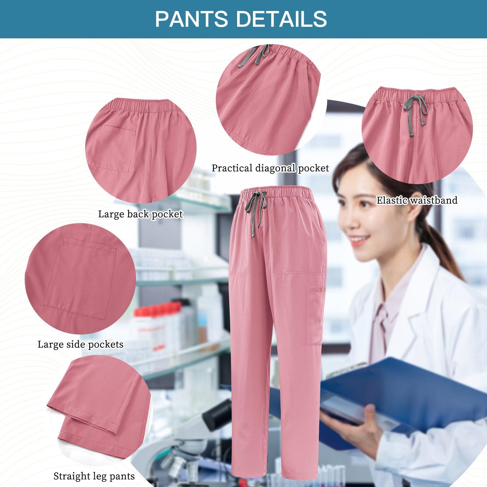 VIAOLI VIAOLI Scrubs Set Multiple pockets V-Neck Top and Drawstring Scrub Pant - Medical Uniform Women Scrub Set Clearance (Pink,XXL,XX-Large)