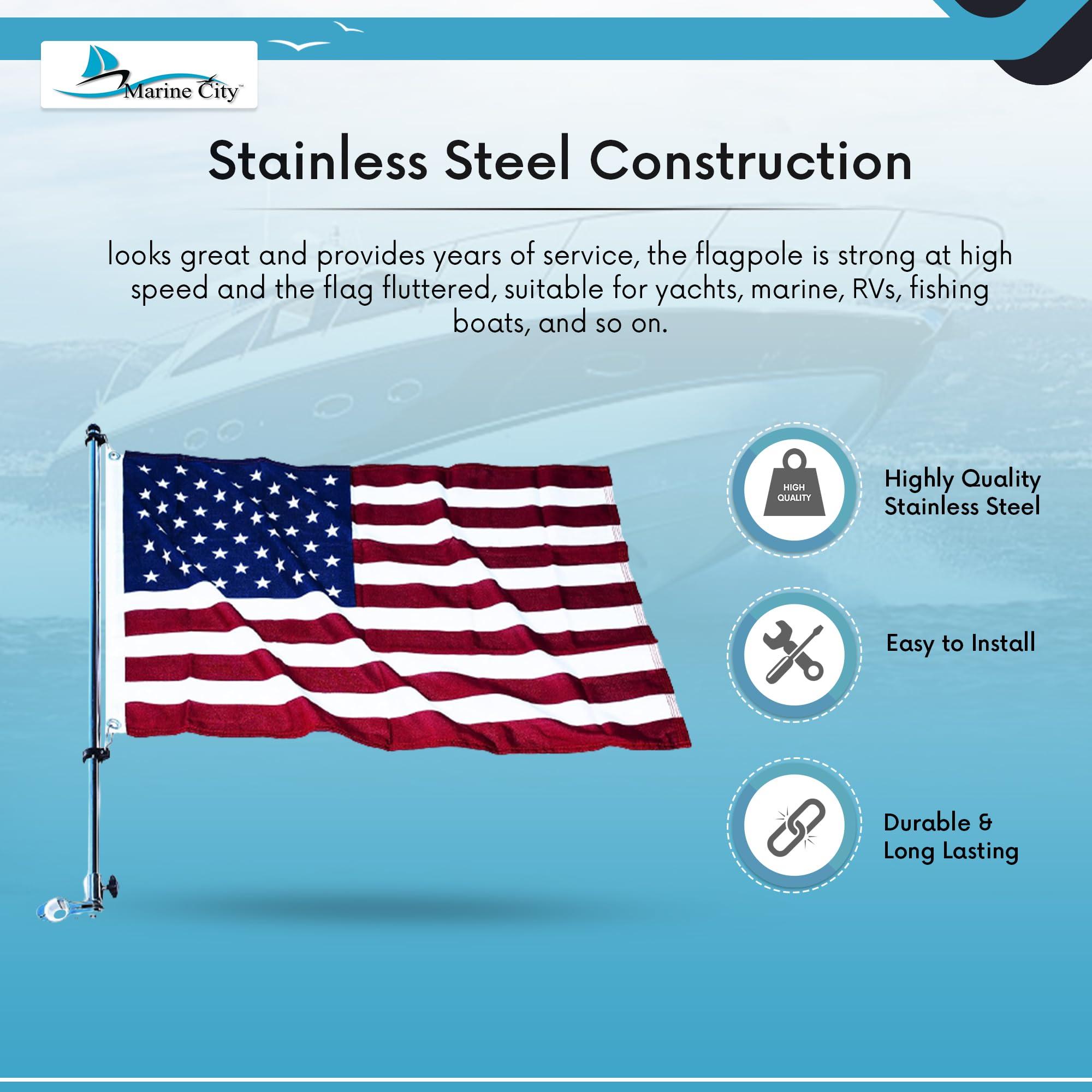 MARINE CITY MARINE CITY 304 Grade Stainless Steel 22 Inches Flag Pole Base Bright-Polished Attractive Finish Rail Mounted Flag Rod and 20 Inches x 30 Inches US Flag for Marines Boats Yachts (1 Set)