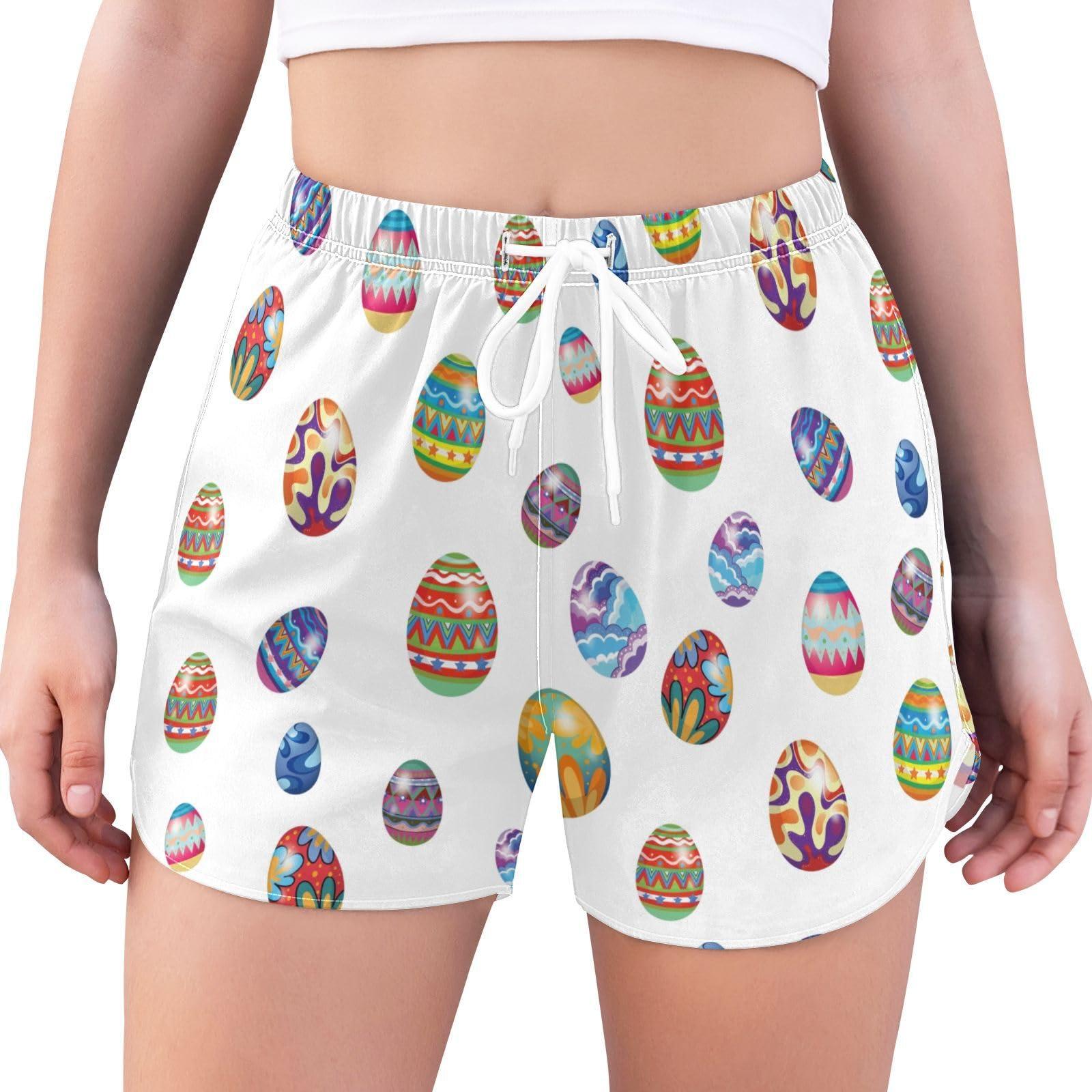 HURPAN HURPAN Easter Eggs Womens Quick Dry Beach Shorts Athletic Swim Bottom Swimsuit with Liner Pockets