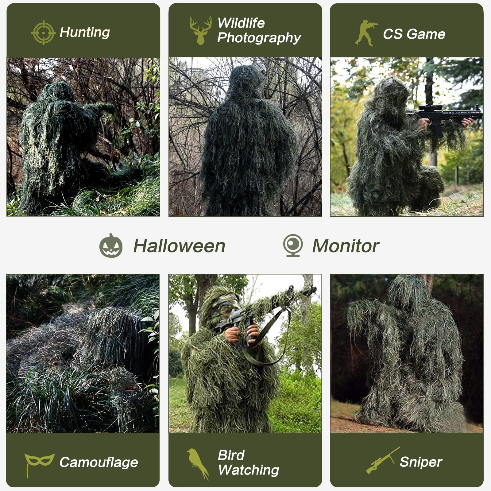 MOPHOTO MOPHOTO 5 in 1 Ghillie Suit, 3D Camouflage Hunting Apparel Including Jacket, Pants, Hood, Carry Bag Suitable for Unisex Adults (S/M/L/XL/XXL)