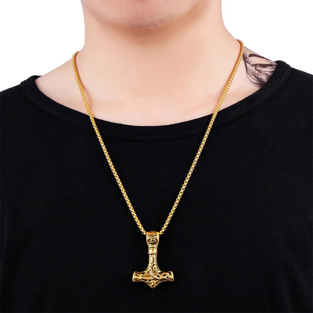 SBRTL Norse Viking Thor's Hammer Talisman Necklace, Odin Mjolnir Stainless Steel Pendant, Mens Vintage Original Amulet Jewelry,Gold,60cm(24incm)