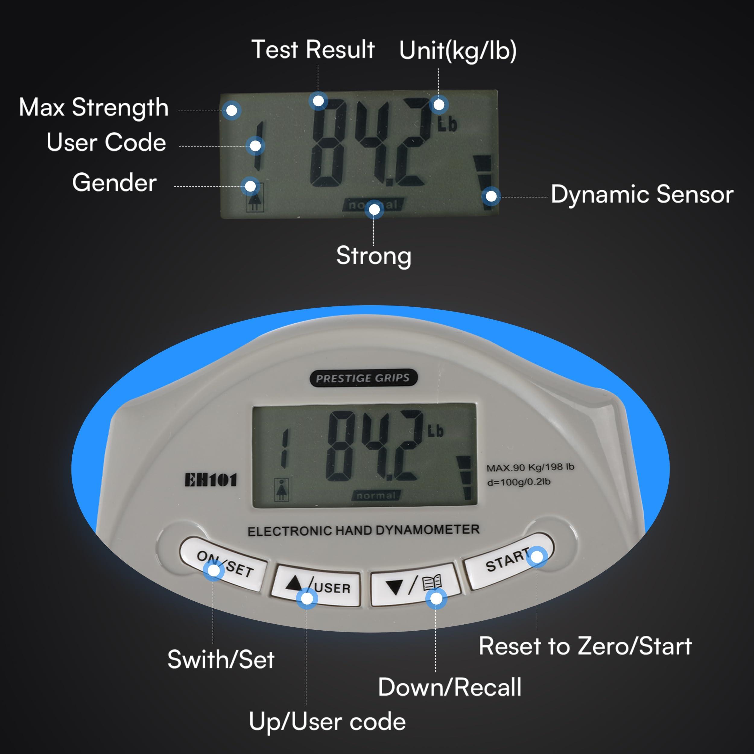 Prestige Grips Grip Strength Tester - Hand Strengthening Device With Precision Sensors & Adjustable Handle - Hand Dynamometer Fits Most Hands - 90 Kgs/198 Lbs. Max Power Reading - For Home - Sports - Rehab & Clinical Use