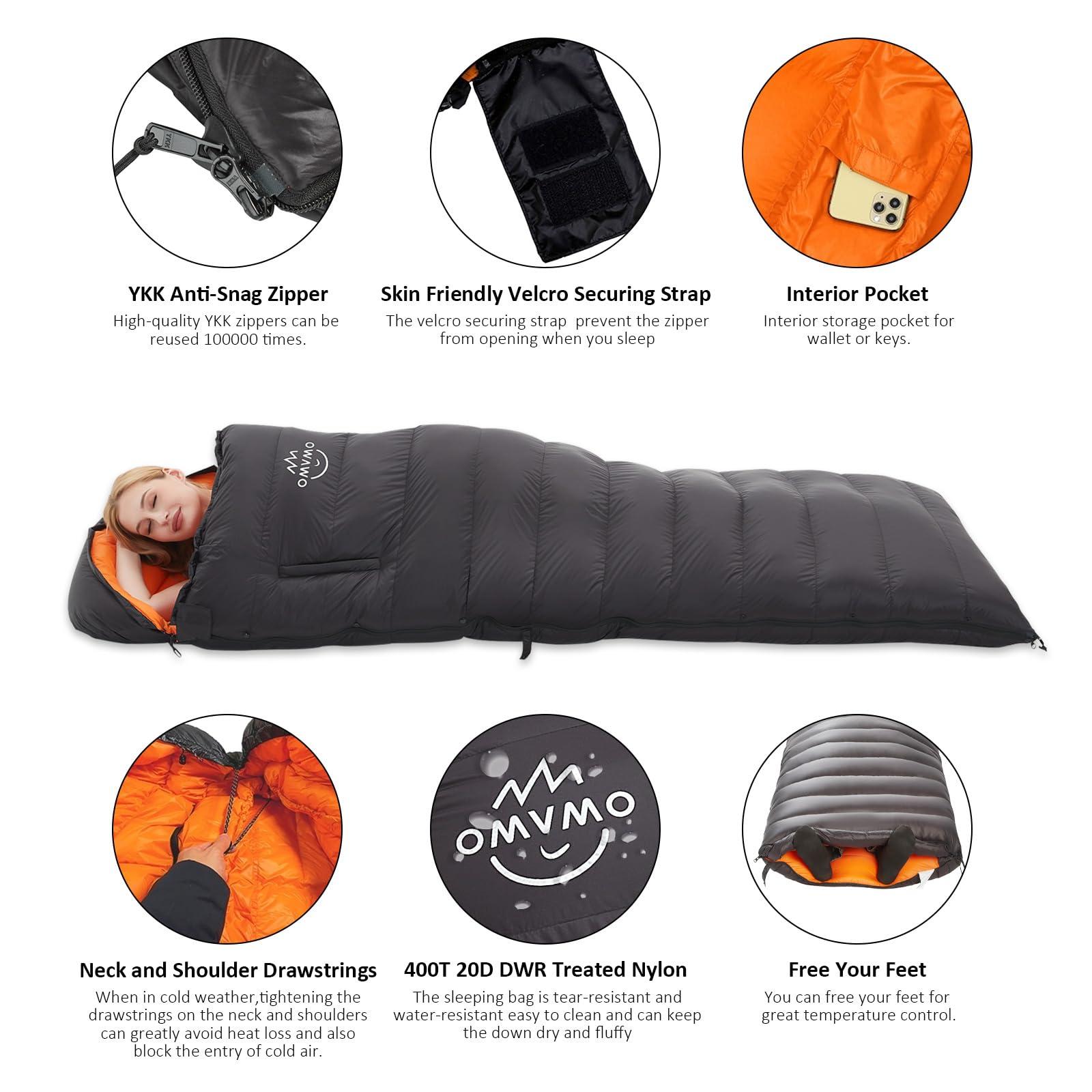 OMVMO OMVMO 0 20 Degrees F Down Sleeping Bag for Adults,4 Season Envelope Down Fiber Sleeping Bag for Backpacking Camping,Wearable Sleeping Bag with Arm Holes,Move Freely While Wearing.Ultralight,Compact.