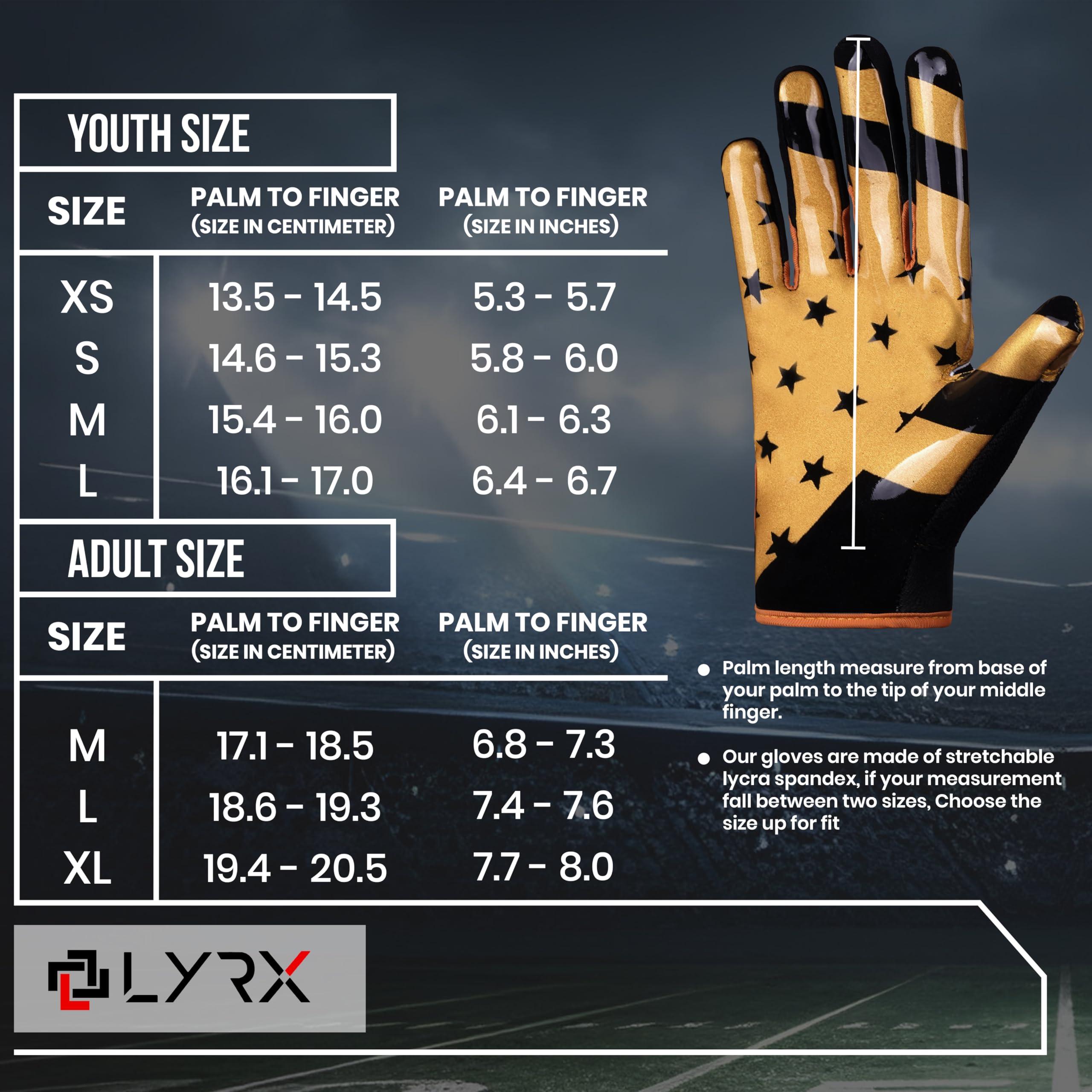 LYRX LYRX Professional Football Receiver Gloves with Optimal Silicone Palm Non-Slip Grip Control Ultra-Stick Sports Lightweight Glove and Precision Fit (Black-Gold Flag, Adult XL (7.8"))