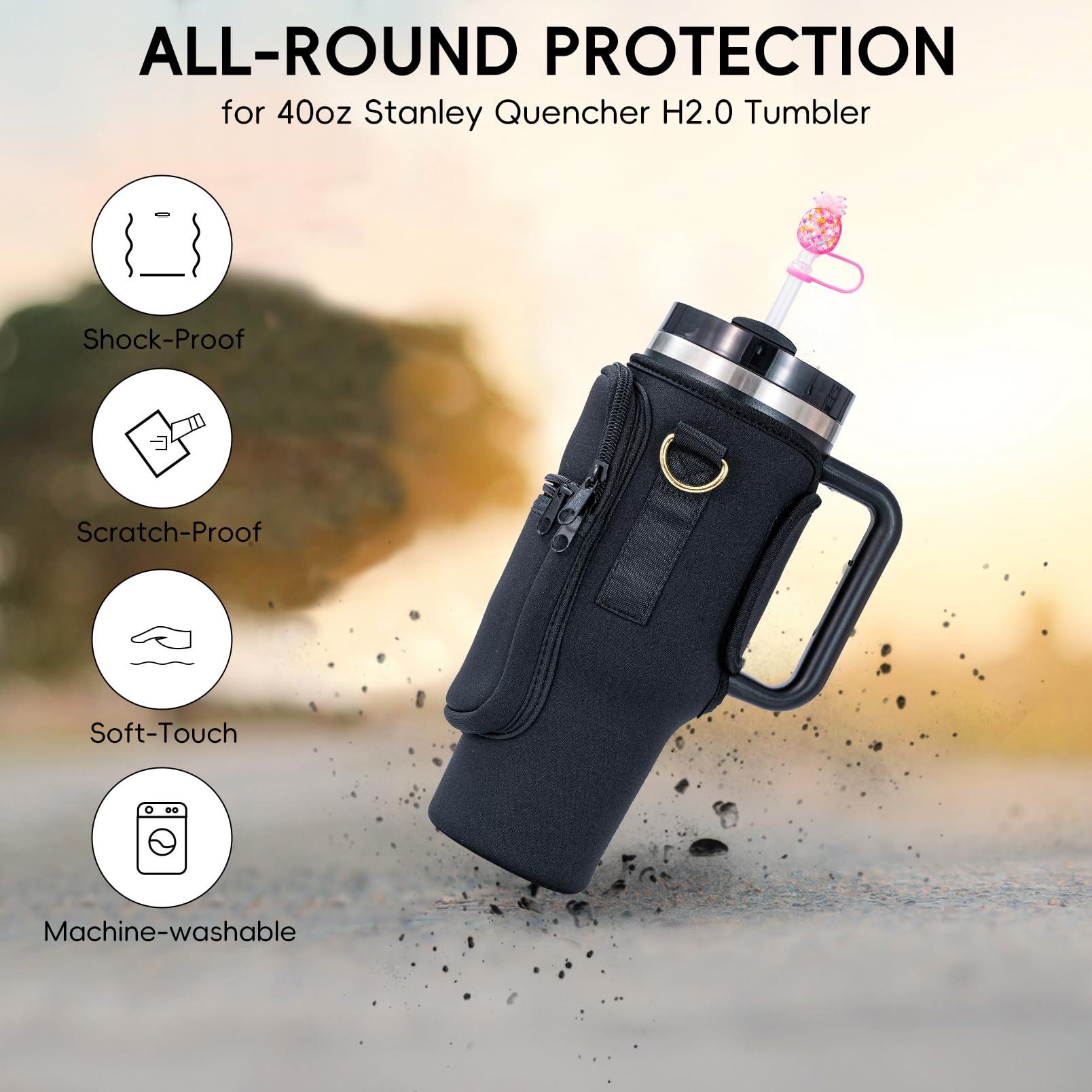 SWANSWIFT SWANSWIFT Upgraded Stanley Cup Carrier Bag Accessories for 40oz/30oz with Phone Pocket Tumbler Water Bottle Holder with Adjustable Strap with 2 Straw Covers &1 Carabiner (Black)