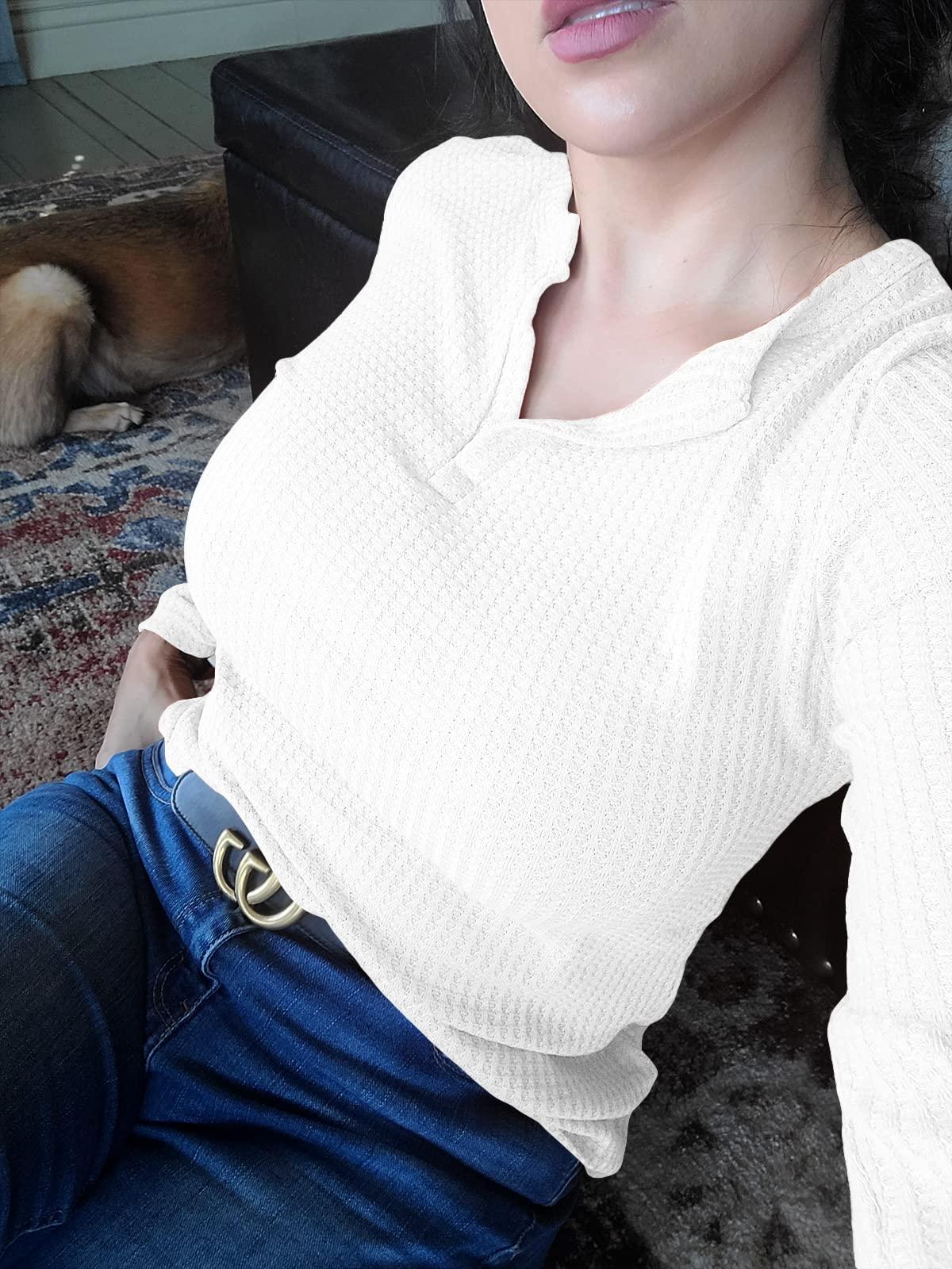 Farktop Women's Waffle Knit V Neck Henley Tops Casual Long Sleeve Pullover Sweater Blouses White