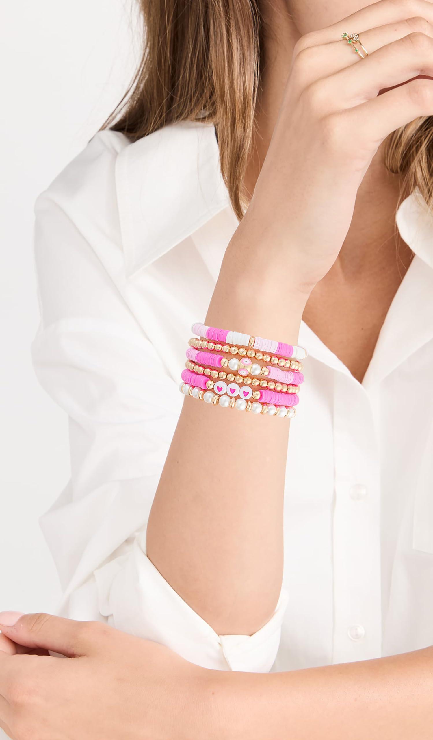 LYNMOS LYNMOS Colorful Heishi Clay Bead Bracelet Set for Women Stackable Vinyl Disc Polymer Beaded Stretch Bracelets Preppy Bohemian Summer Beach Bracelets Jewelry (H-Pink set, 6.8 Inch)