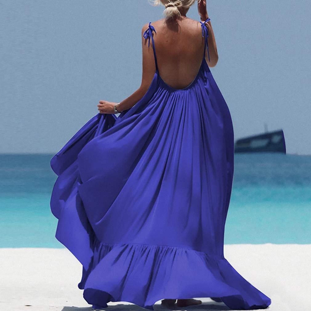 Hiuwa Hiuwa Women Boho Maxi Solid Sleeveless Long Backless Dress Evening Party Beach Dresses Sun Dress C XL